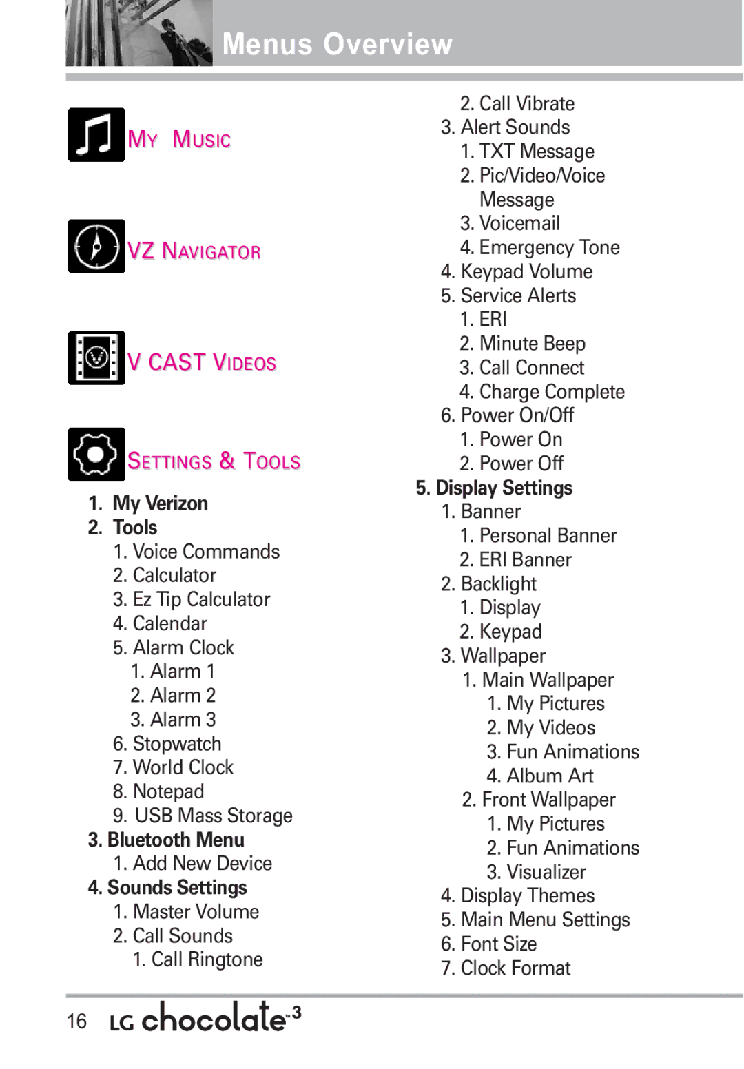 LG Electronics 3 manual My Verizon Tools, Bluetooth Menu, Add New Device, Sounds Settings, Display Settings 