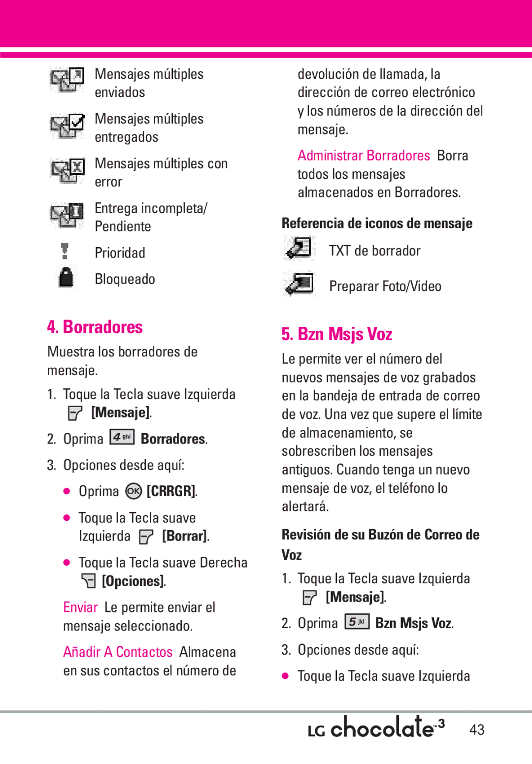 LG Electronics 3 manual Bzn Msjs Voz, Mensaje Oprima Borradores, Revisión de su Buzón de Correo de Voz 