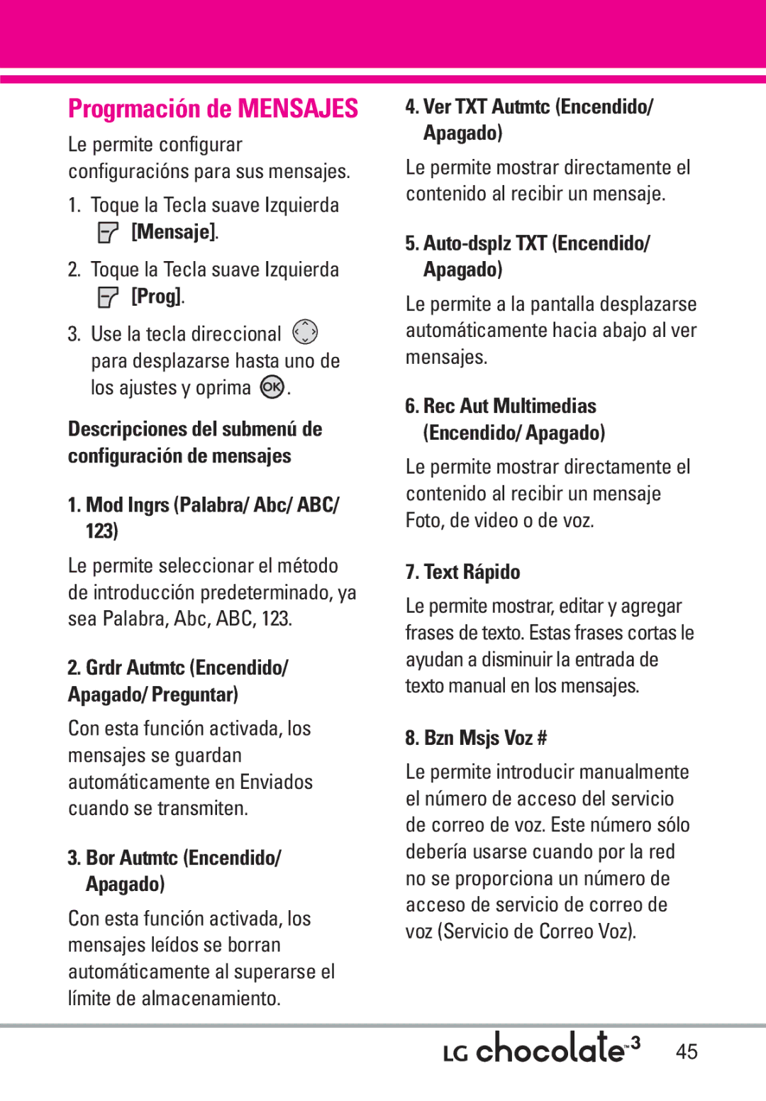 LG Electronics 3 manual Progrmación de Mensajes 