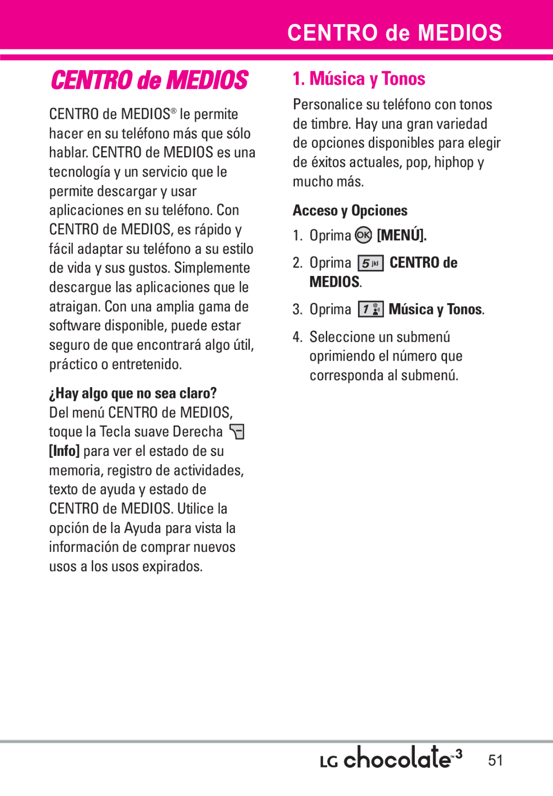 LG Electronics 3 manual Centro de Medios, ¿Hay algo que no sea claro?, Oprima Música y Tonos 