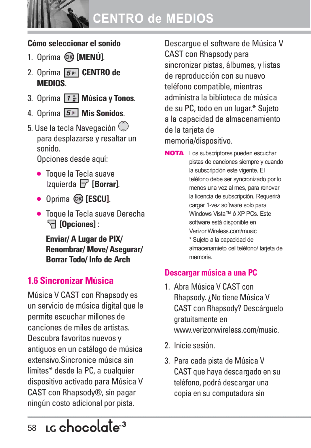 LG Electronics 3 manual Sincronizar Música, Cómo seleccionar el sonido, Oprima Escu, Memoria/dispositivo, Inicie sesión 