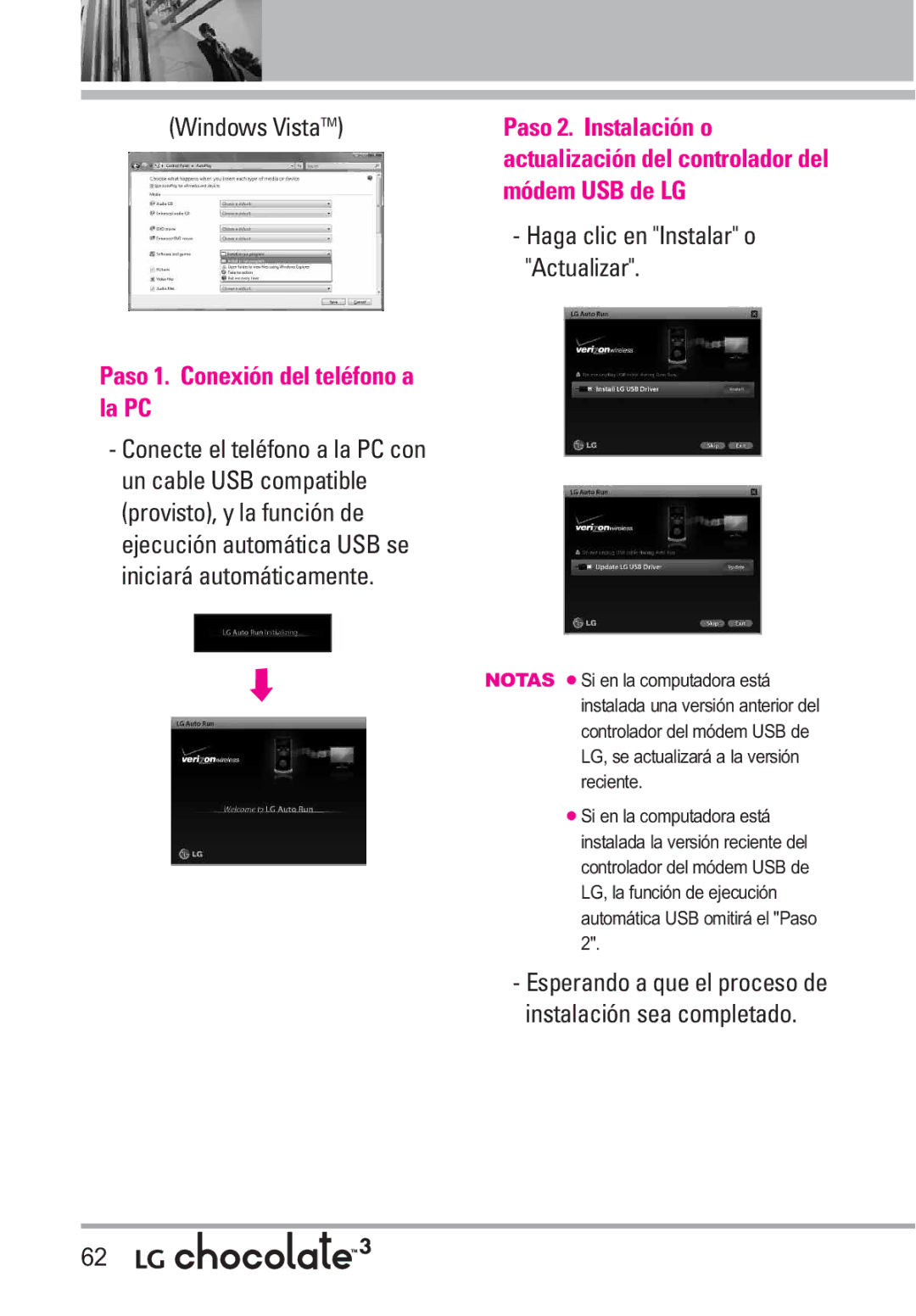 LG Electronics 3 manual Haga clic en Instalar o Actualizar, Esperando a que el proceso de instalación sea completado 