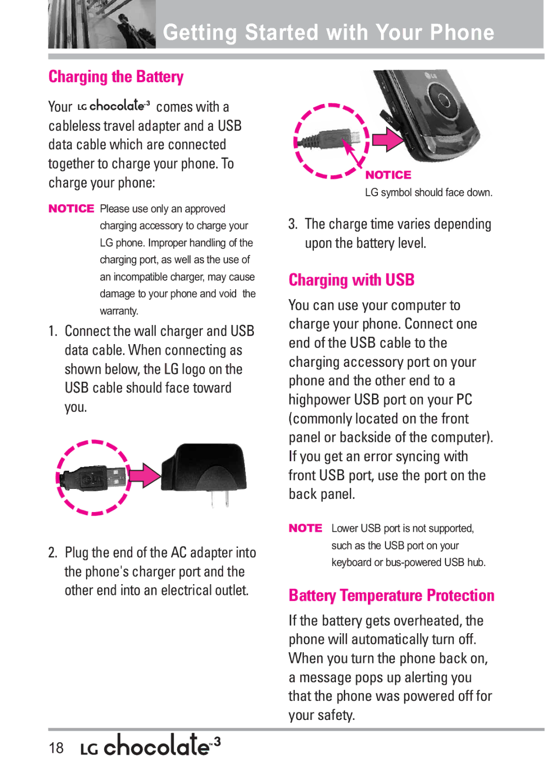 LG Electronics 3 Getting Started with Your Phone, Charging the Battery, Charging with USB, Battery Temperature Protection 