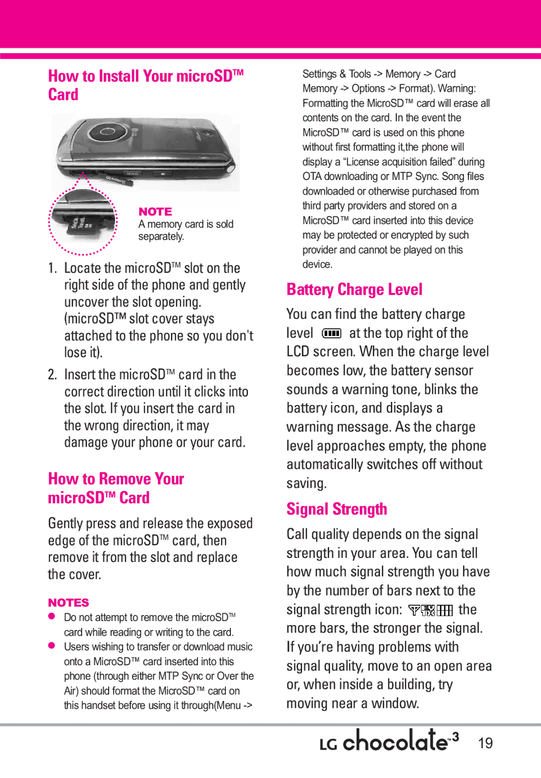 LG Electronics 3 manual How to Install Your microSDTM Card, Battery Charge Level, Signal Strength 