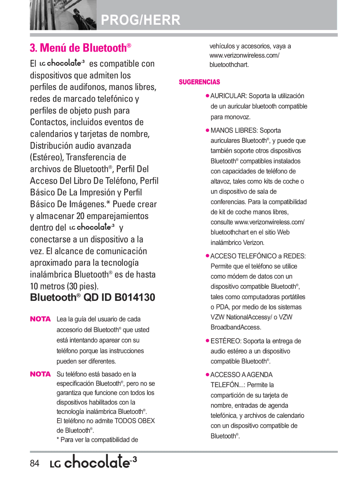 LG Electronics manual Menú de Bluetooth, Bluetooth10 m r s 30piesQD. ID B014130 