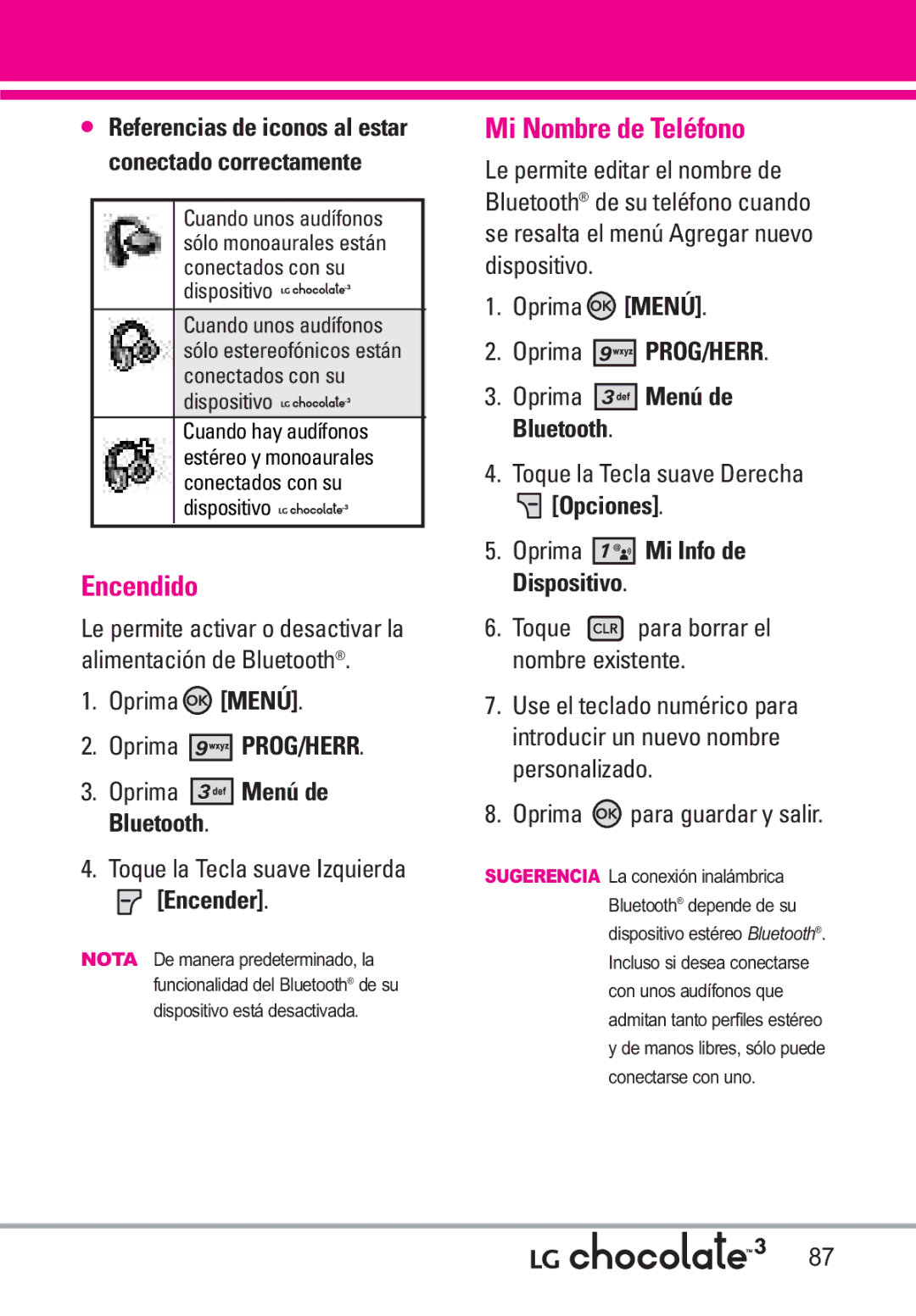 LG Electronics 3 manual Encendido, Mi Nombre de Teléfono, Encender, Oprima Mi Info de Dispositivo 