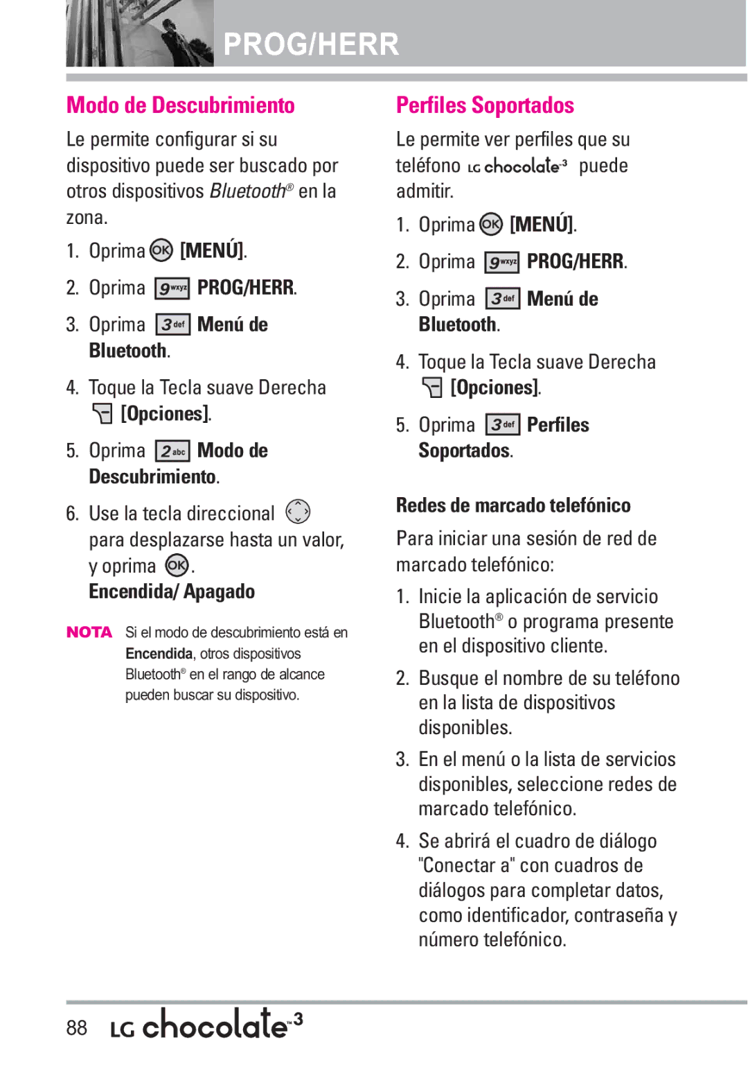 LG Electronics 3 manual Modo de Descubrimiento, Perfiles Soportados, Encendida/ Apagado, Redes de marcado telefónico 