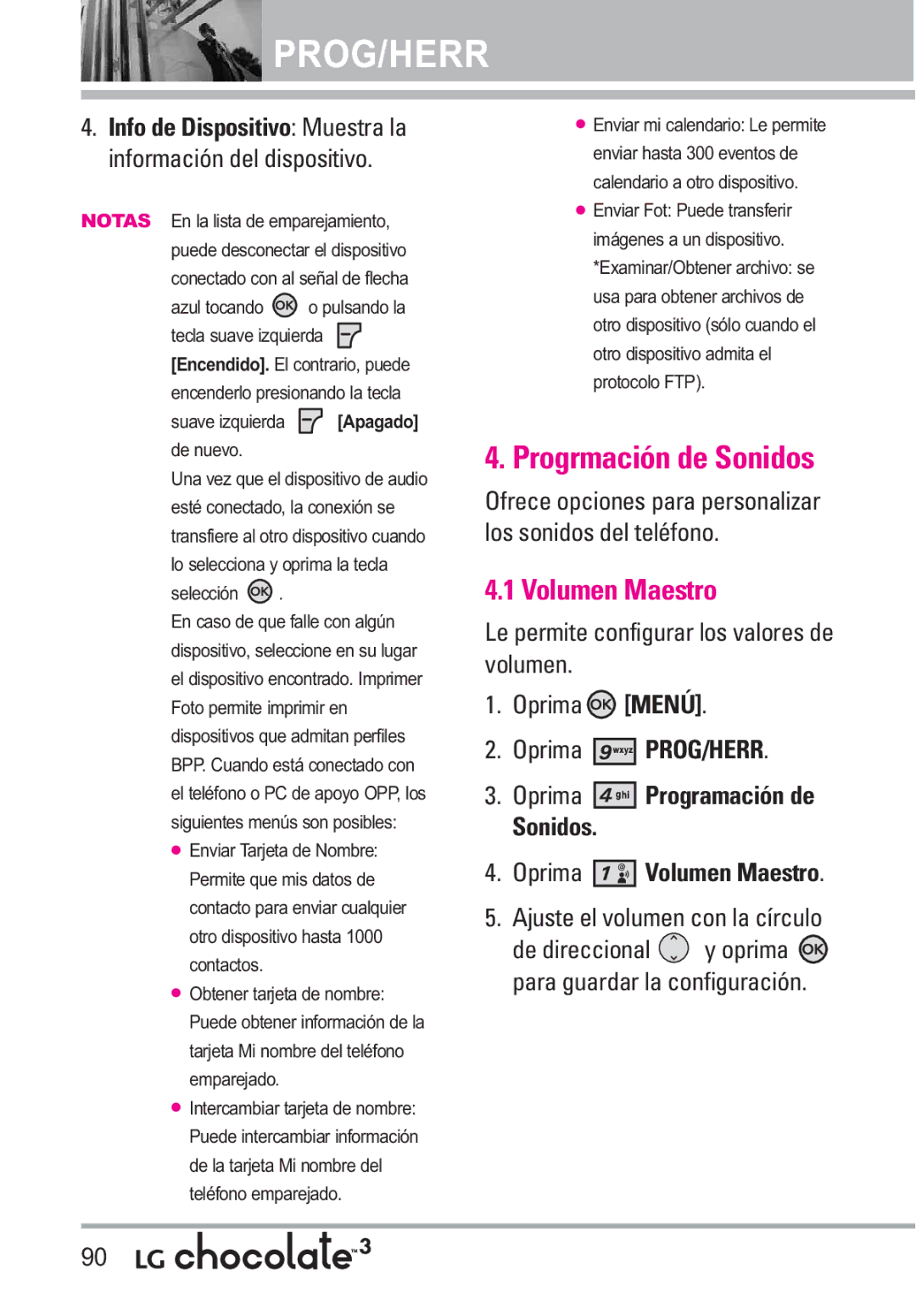 LG Electronics 3 manual Progrmación de Sonidos, Volumen Maestro, Le permite configurar los valores de volumen Oprima Menú 