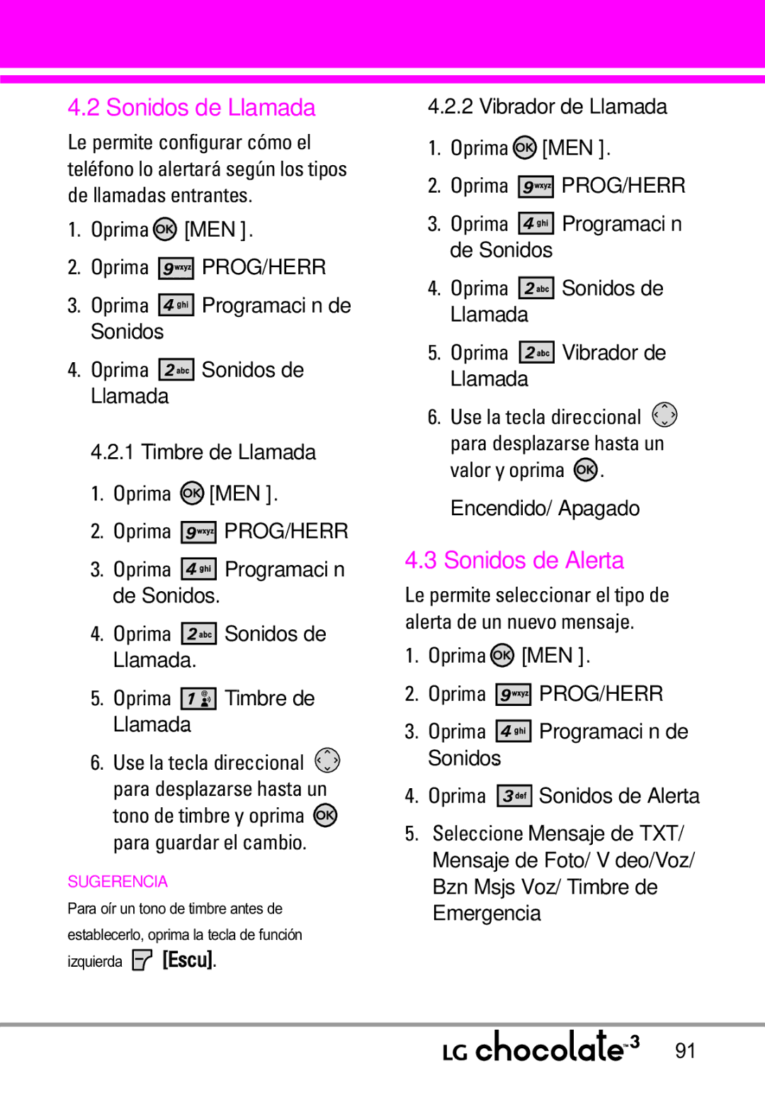 LG Electronics 3 manual Sonidos de Llamada, Sonidos de Alerta 