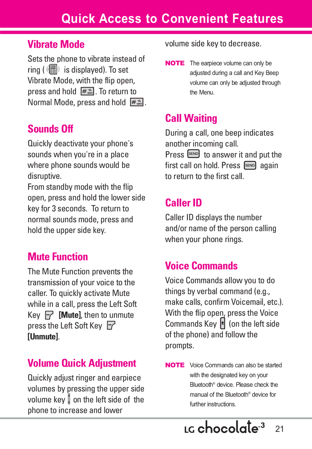 LG Electronics 3 manual Quick Access to Convenient Features 