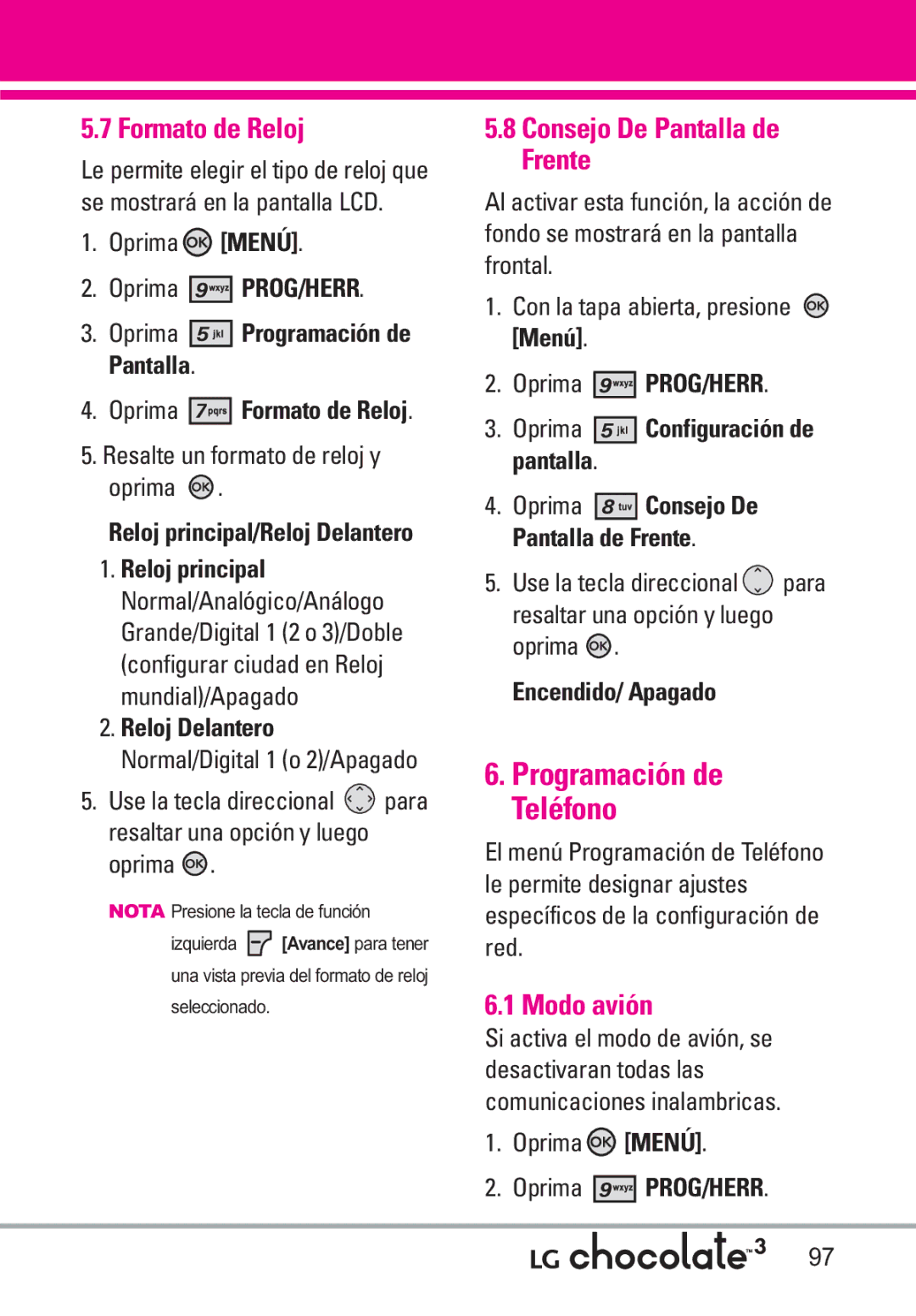 LG Electronics 3 manual Programación de Teléfono, Formato de Reloj, Consejo De Pantalla de Frente, Modo avión 