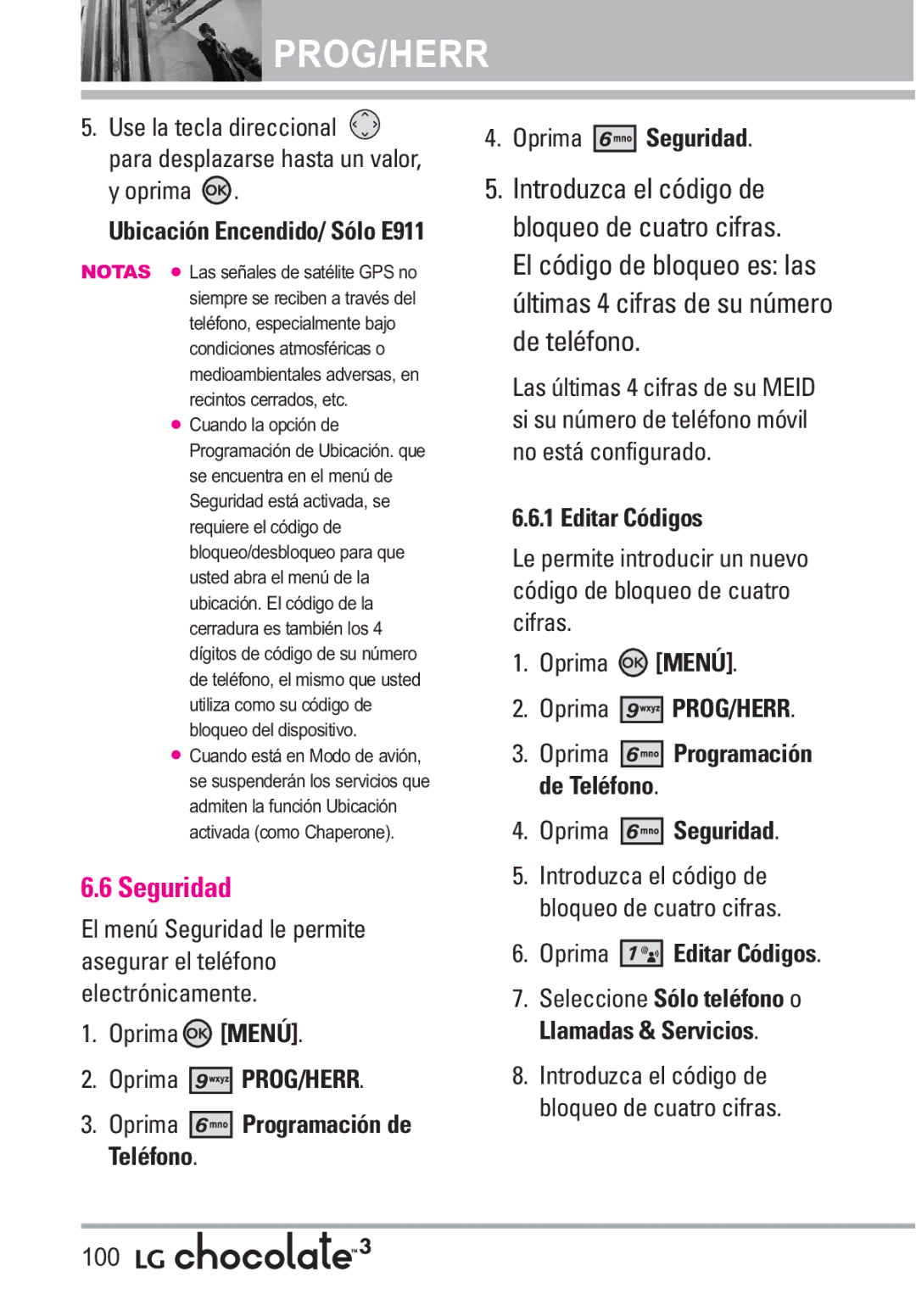 LG Electronics 3 manual Oprima Seguridad, Oprima Editar Códigos, Introduzca el código de bloqueo de cuatro cifras 