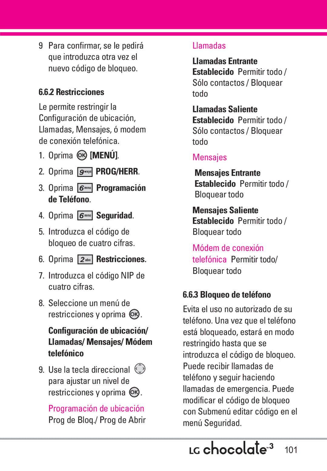 LG Electronics 3 manual Oprima Restricciones, Introduzca el código NIP de cuatro cifras, Bloqueo de teléfono 