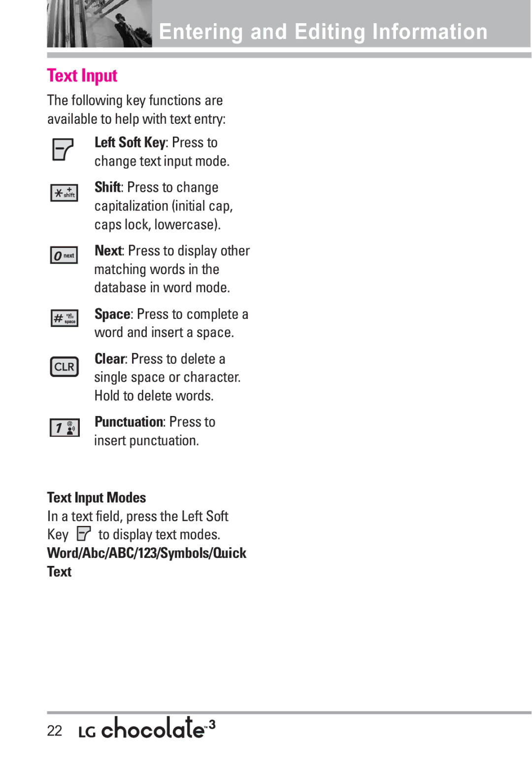 LG Electronics manual Entering and Editing Information, Text Input Modes, Word/Abc/ABC/123/Symbols/Quick Text 