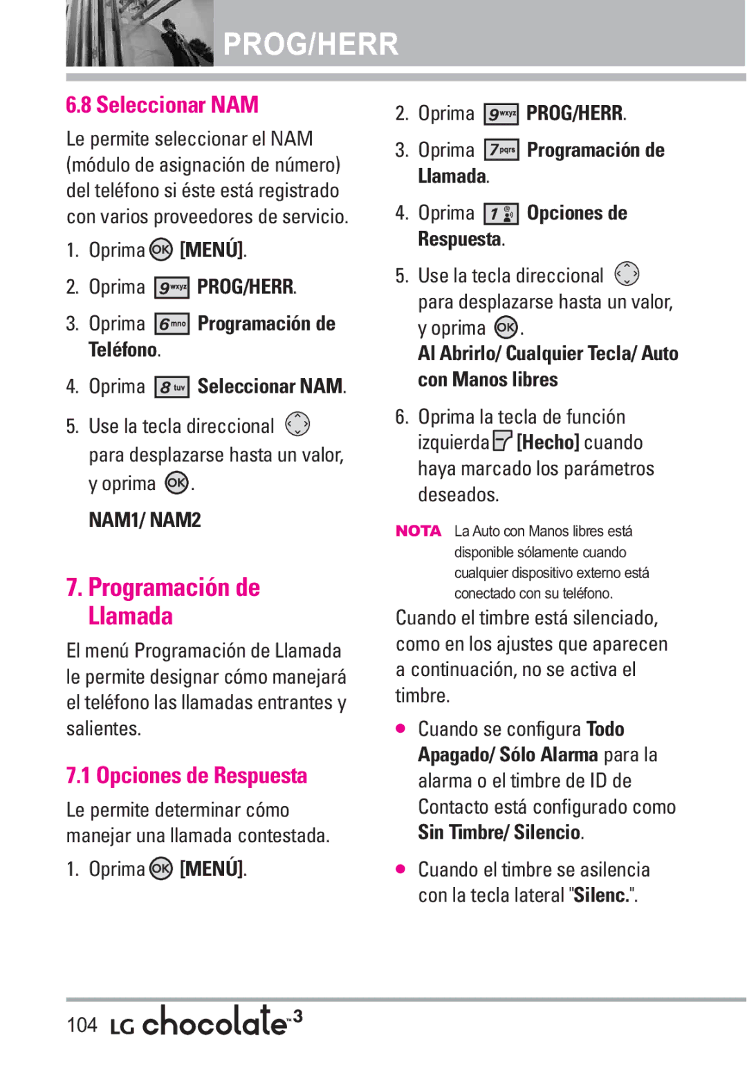 LG Electronics 3 manual Programación de Llamada, Seleccionar NAM, Opciones de Respuesta, Oprima Menú 104 