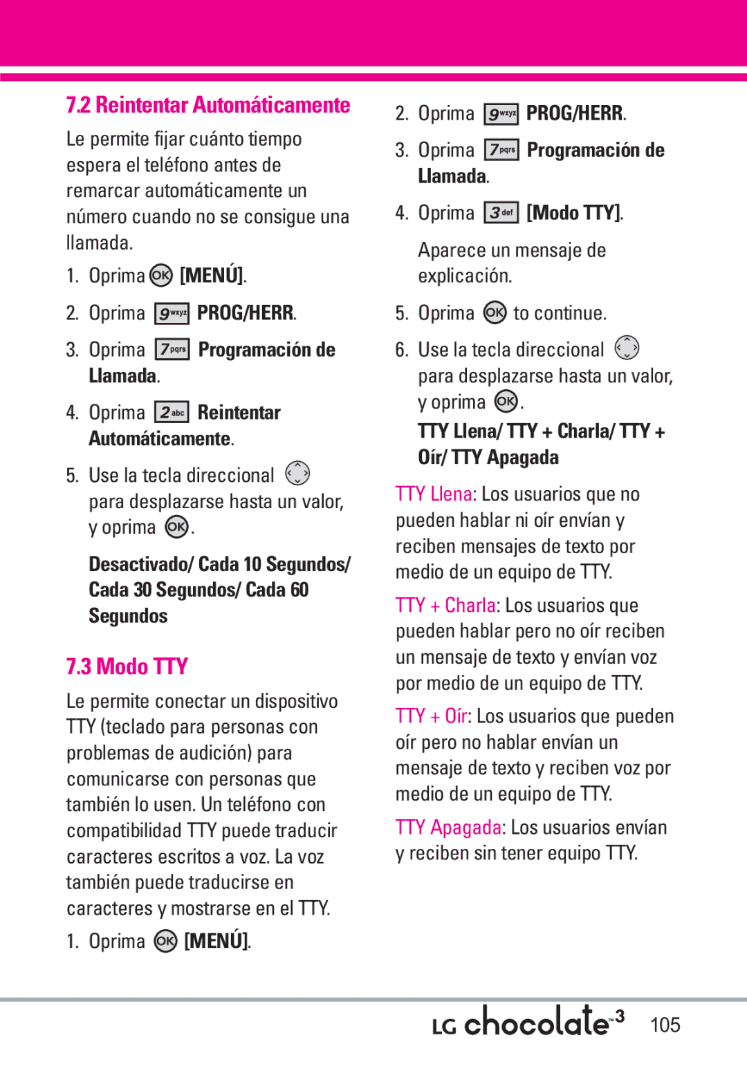 LG Electronics 3 manual Oprima Modo TTY, TTY Llena/ TTY + Charla/ TTY + Oír/ TTY Apagada 