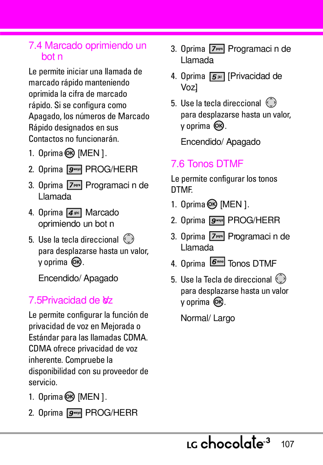 LG Electronics 3 manual Marcado oprimiendo un botón, Privacidad de Voz, Oprima Tonos Dtmf, Normal/ Largo 