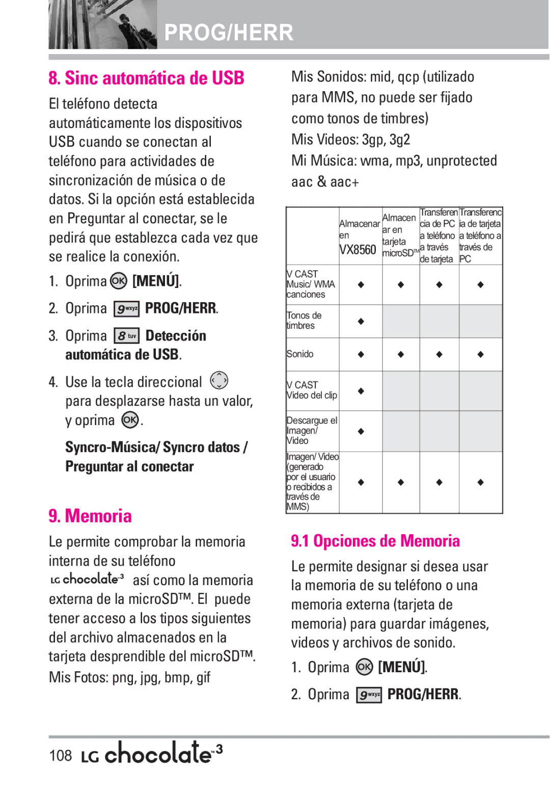 LG Electronics 3 manual Sinc automática de USB, Opciones de Memoria 