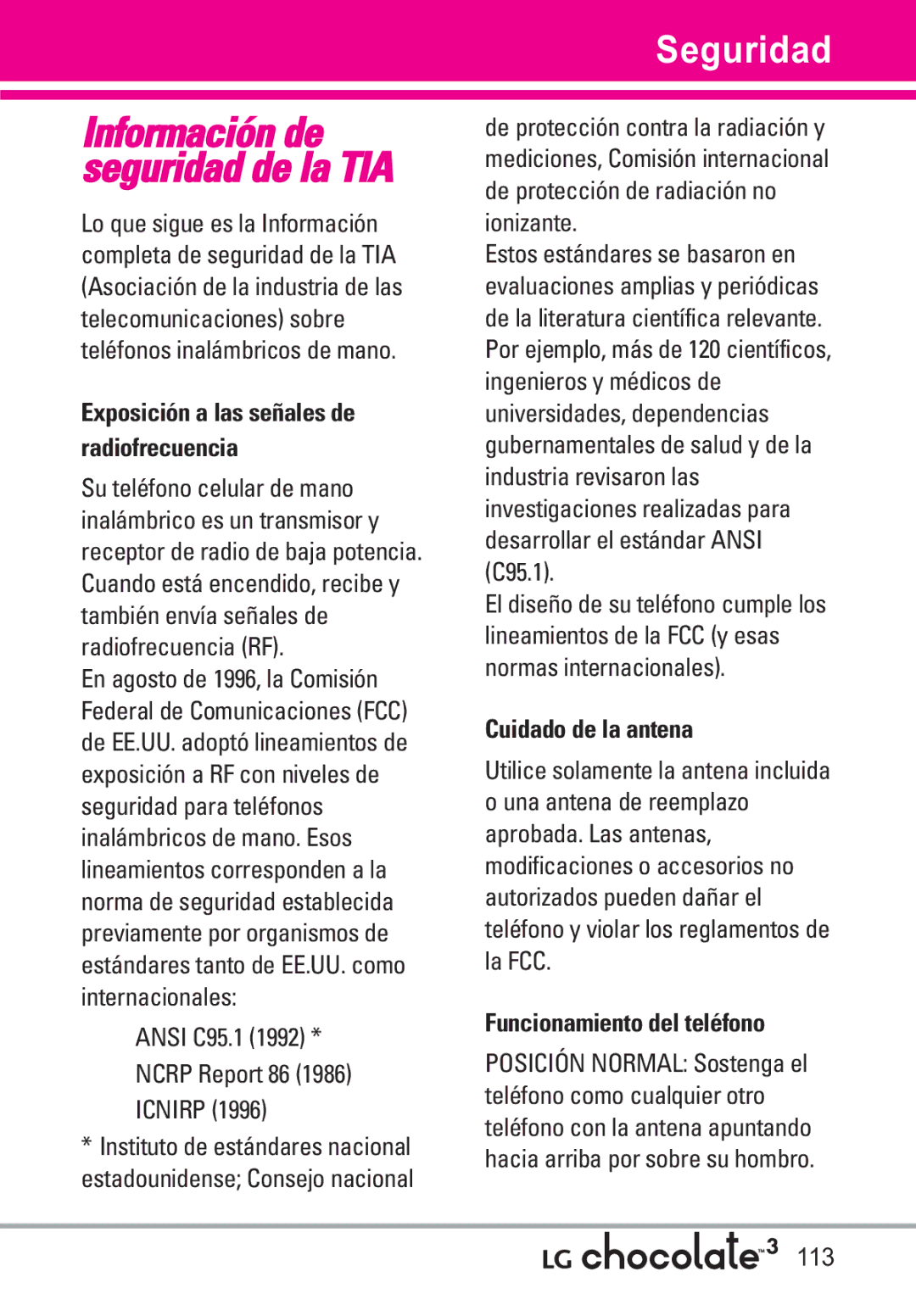 LG Electronics 3 manual Seguridad, Cuidado de la antena, Funcionamiento del teléfono 