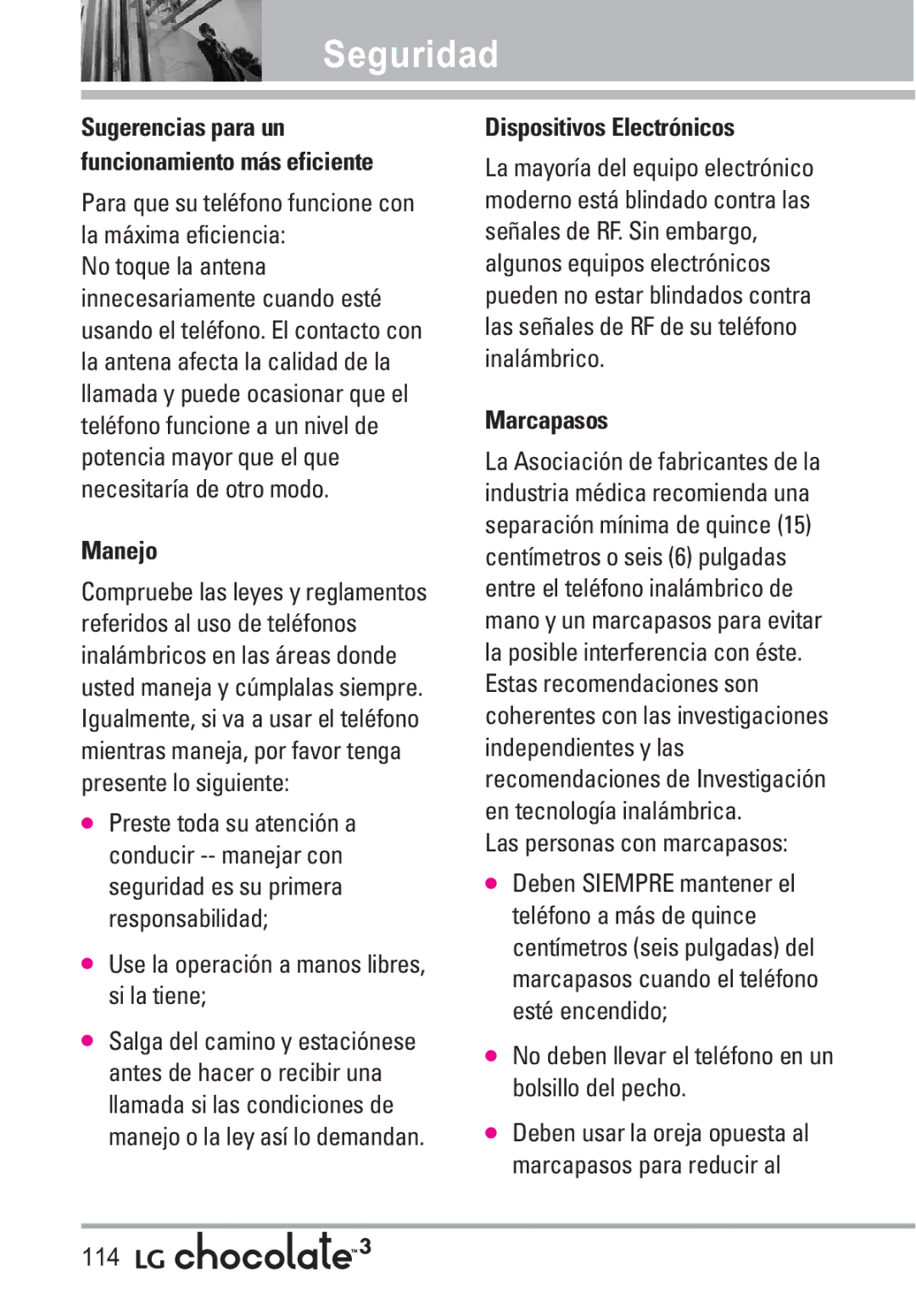 LG Electronics 3 manual Manejo, Dispositivos Electrónicos, Marcapasos 