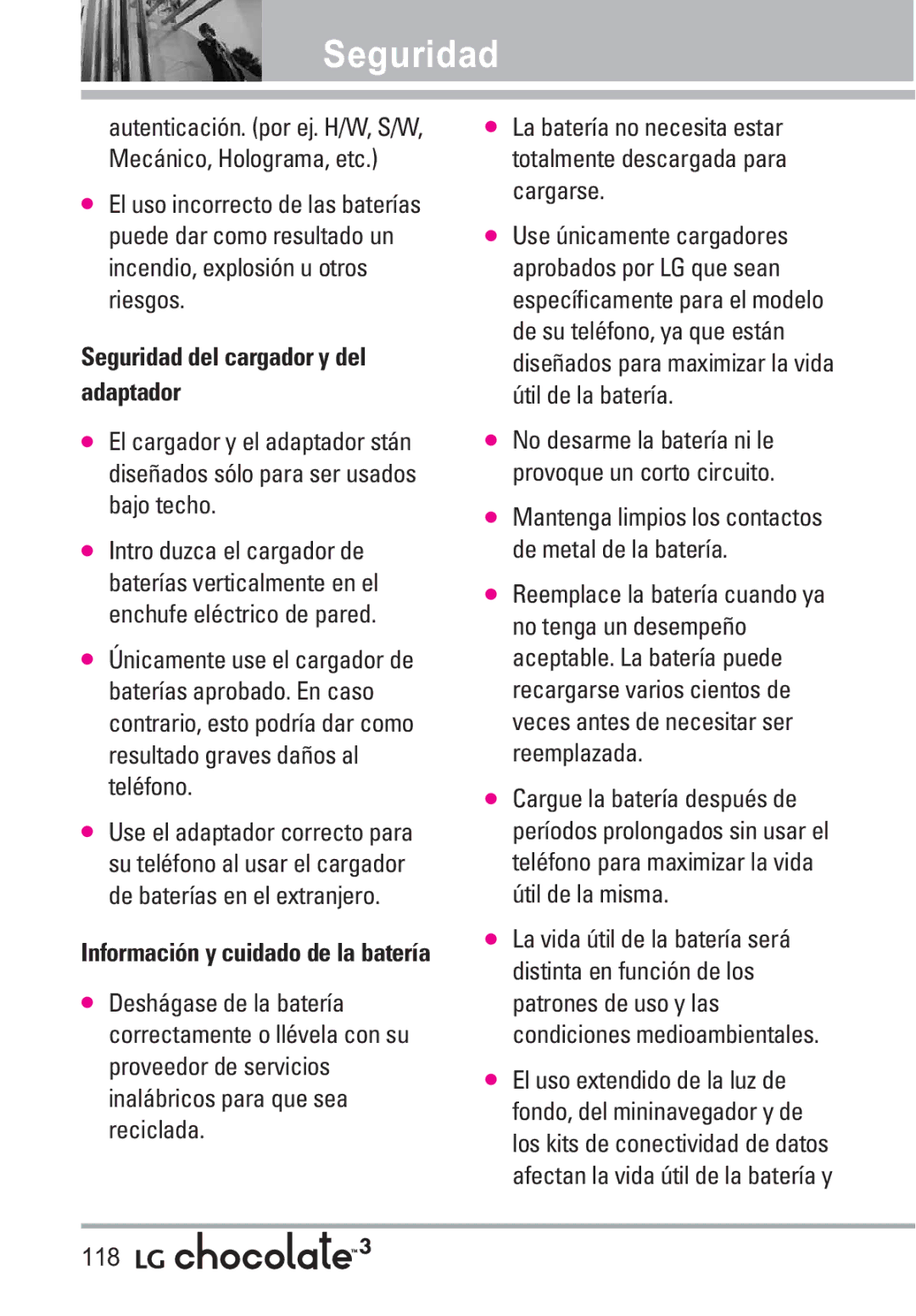 LG Electronics 3 manual Seguridad del cargador y del adaptador 