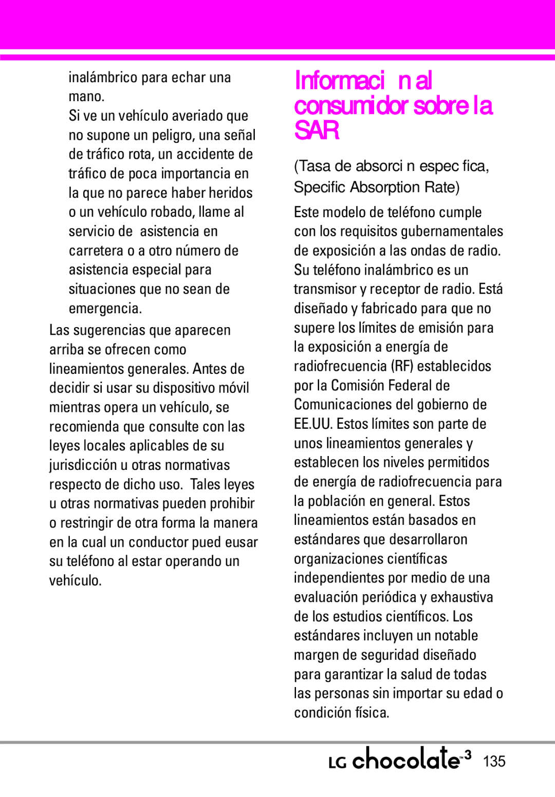 LG Electronics manual Sar, Inalámbrico para echar una mano, 135 