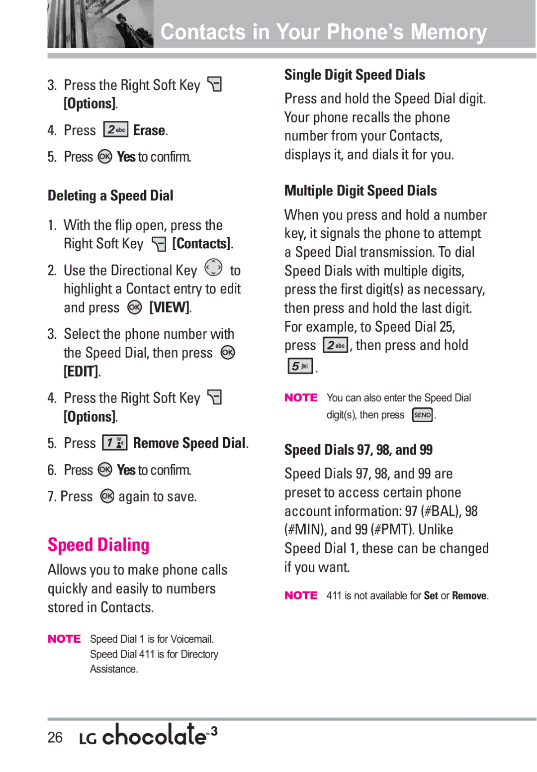 LG Electronics 3 manual Speed Dialing, Deleting a Speed Dial, Single Digit Speed Dials, Multiple Digit Speed Dials 