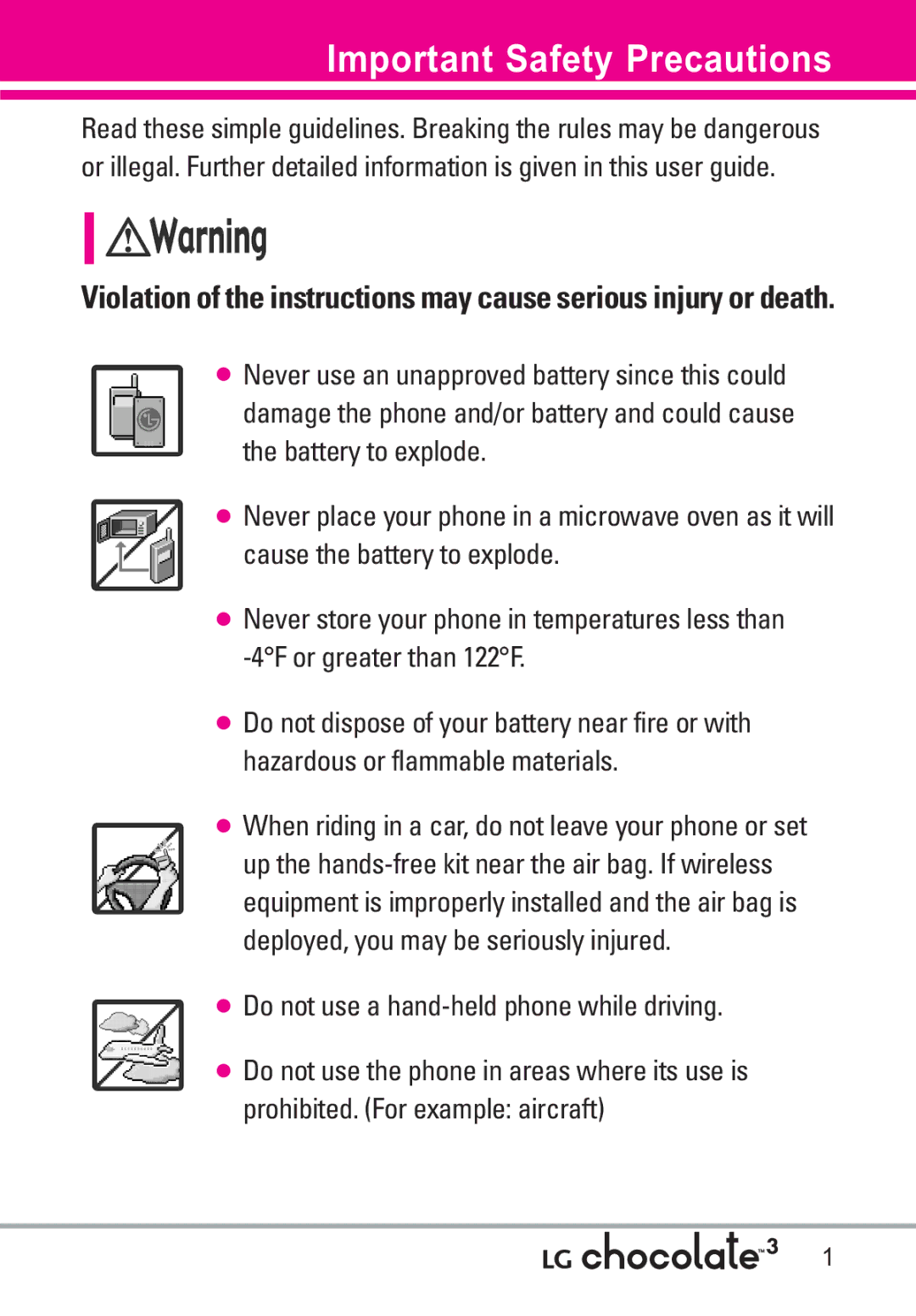 LG Electronics 3 manual Important Safety Precautions, When riding in a car, do not leave your phone or set 