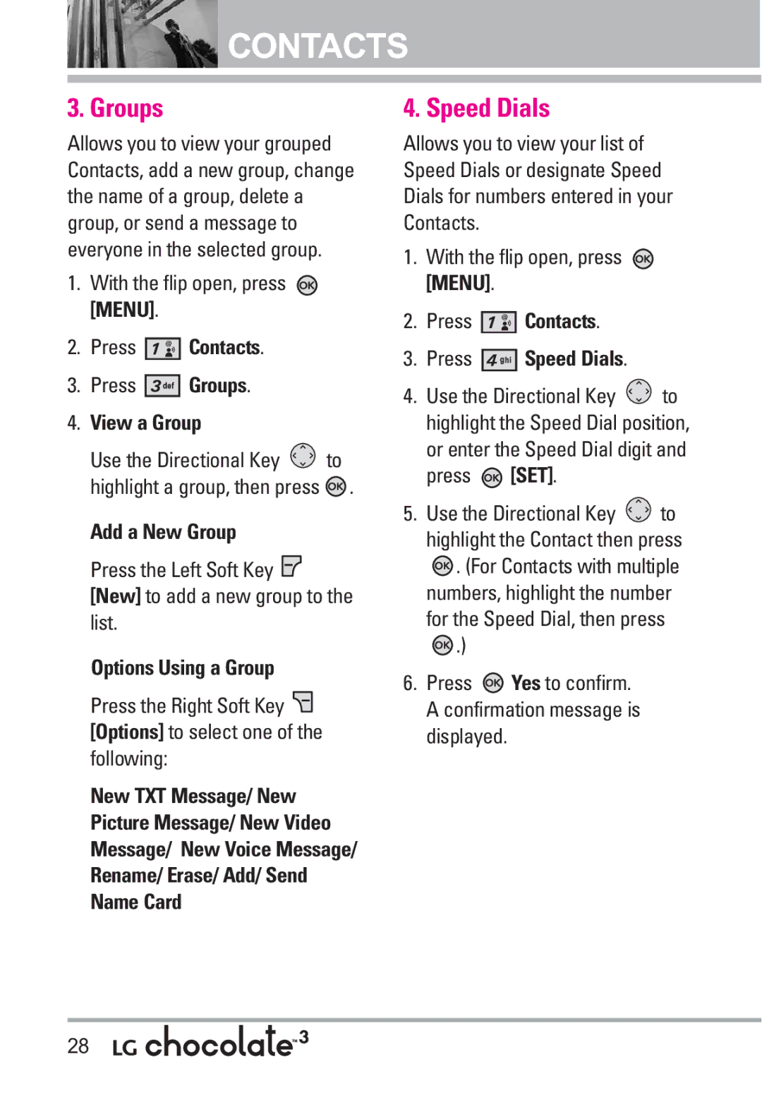 LG Electronics 3 manual Groups, Speed Dials 