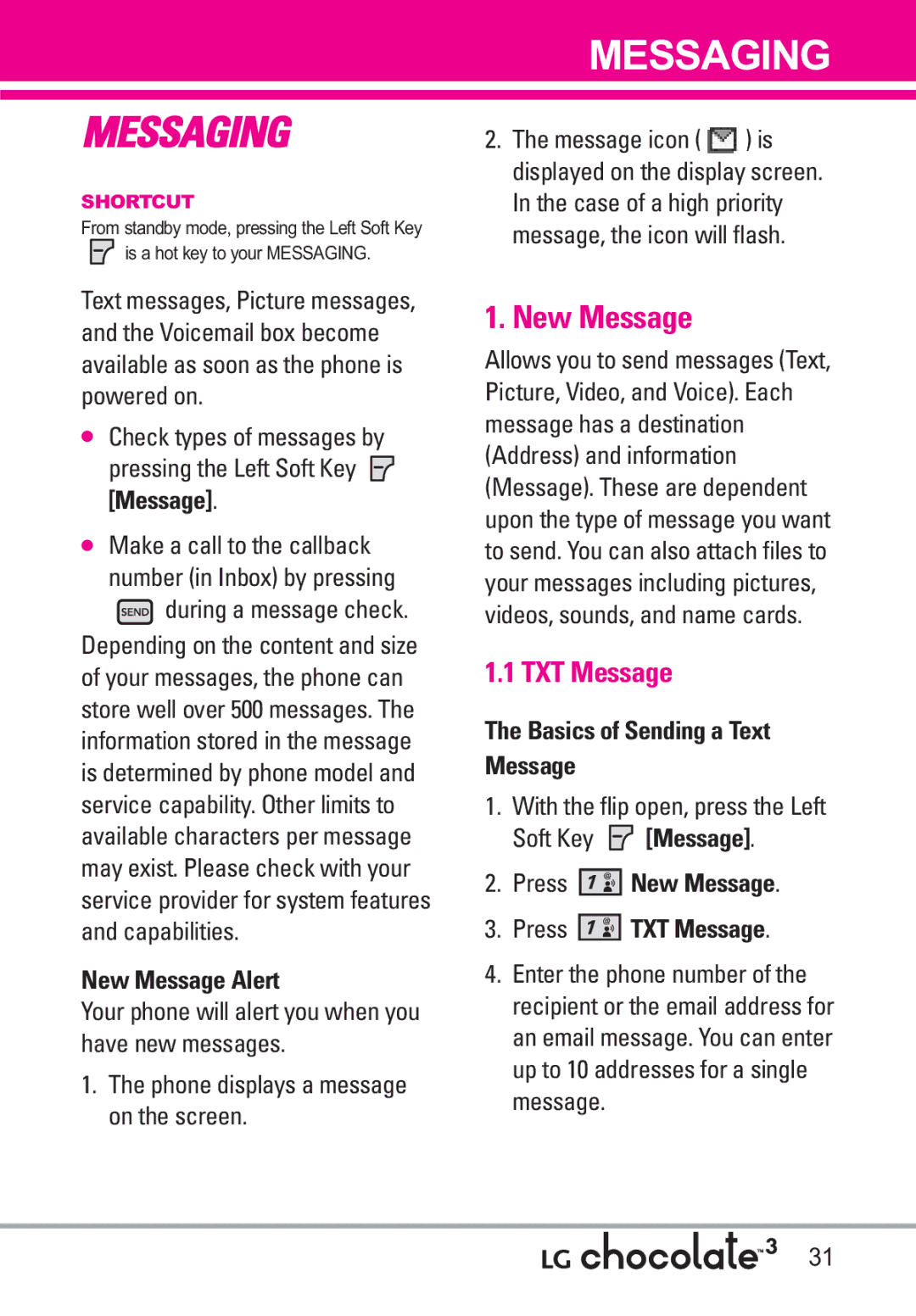 LG Electronics 3 manual Messaging, New Message, TXT Message 