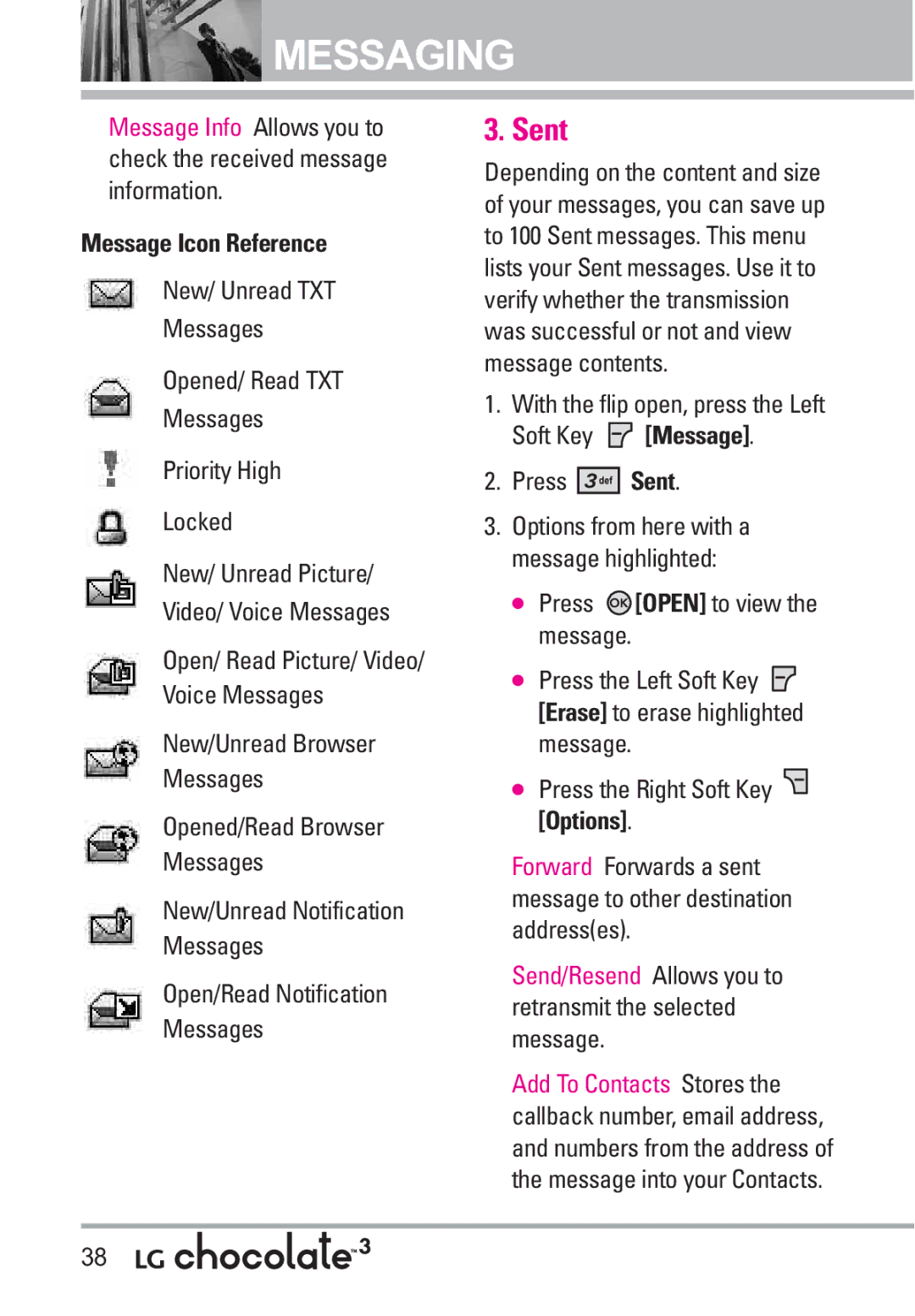 LG Electronics 3 manual Sent, Message Icon Reference, Options from here with a message highlighted 