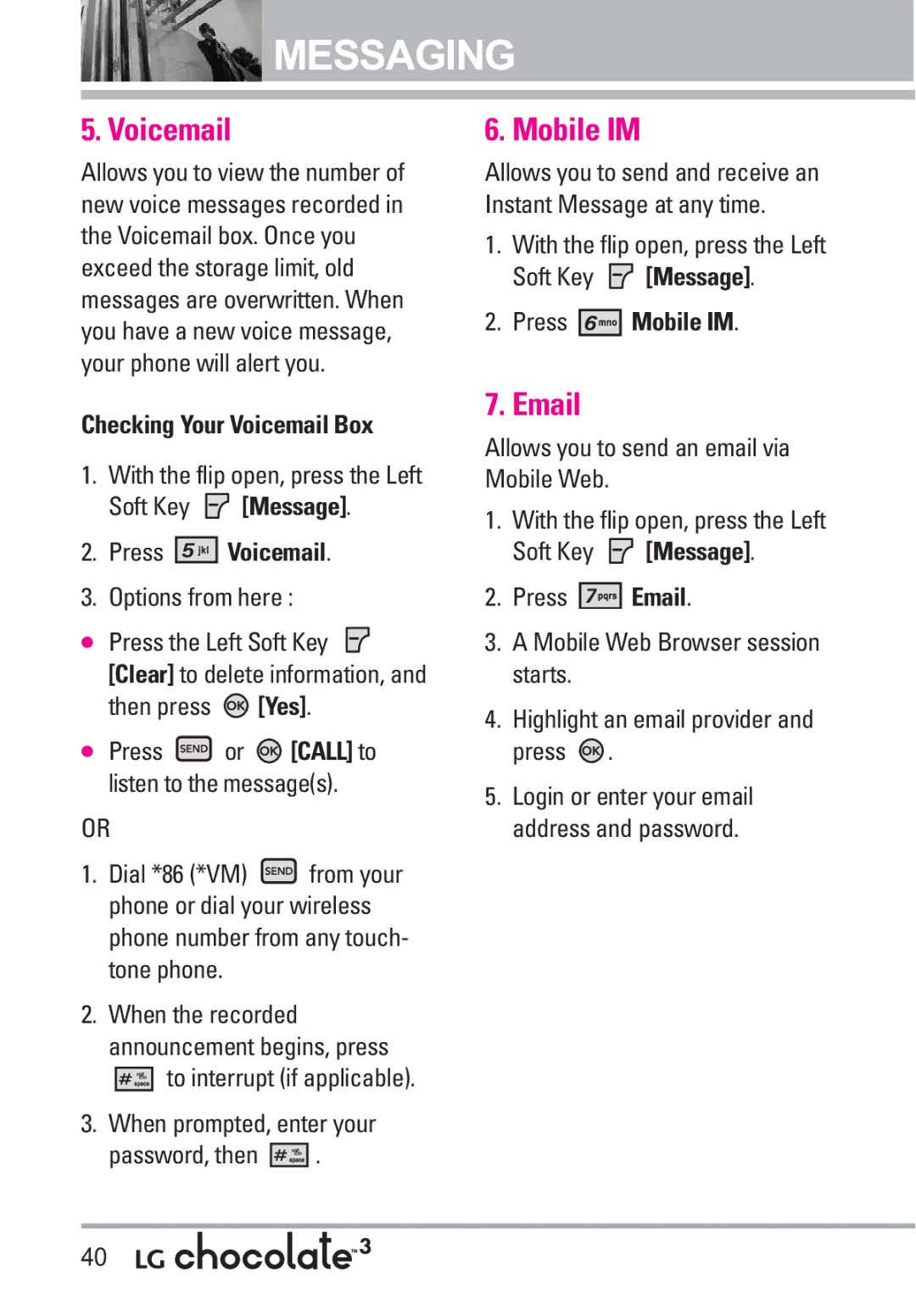 LG Electronics 3 manual Checking Your Voicemail Box, Press Voicemail, Press Mobile IM 