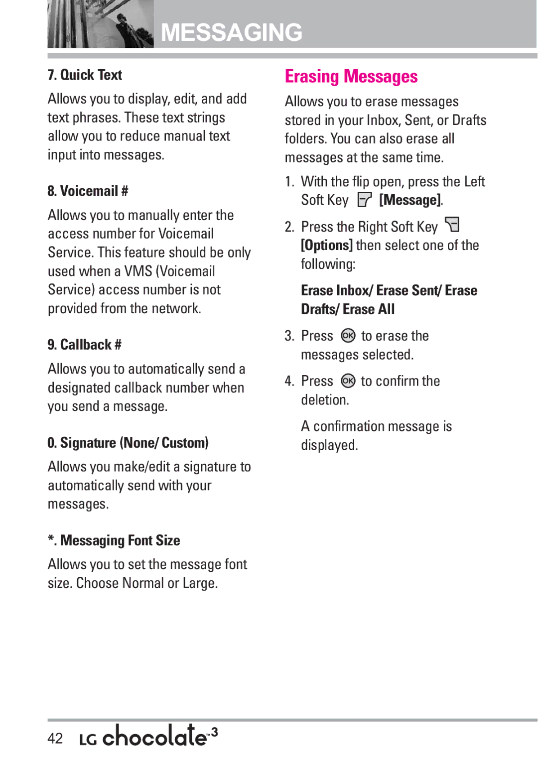 LG Electronics 3 manual Erasing Messages 