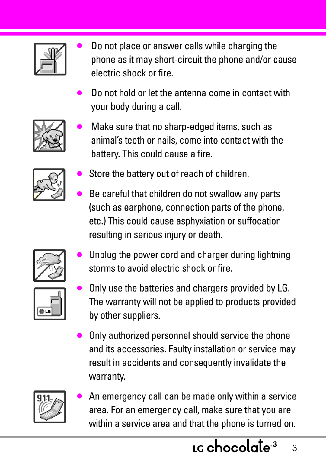 LG Electronics 3 manual Store the battery out of reach of children 