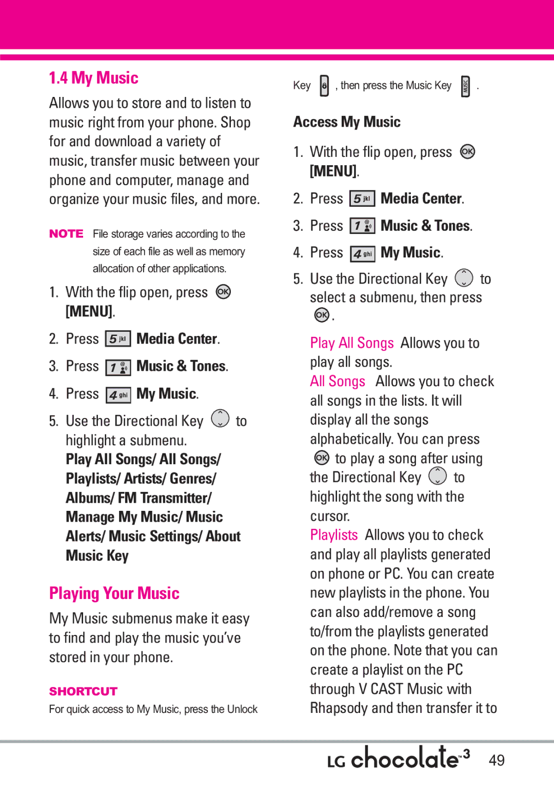 LG Electronics 3 manual Playing Your Music, Press Media Center Press Music & Tones Press My Music, Access My Music 