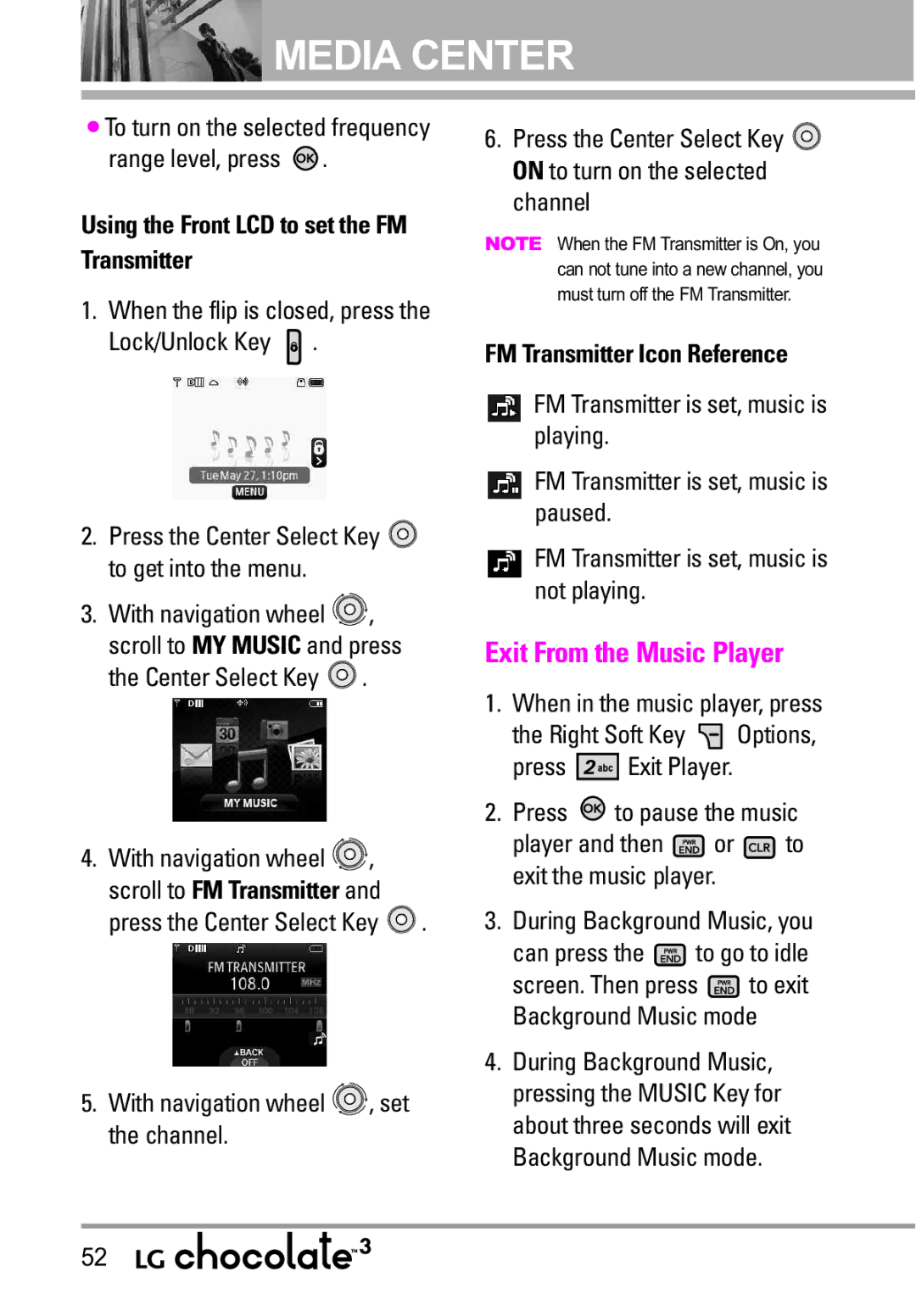 LG Electronics 3 Exit From the Music Player, Using the Front LCD to set the FM Transmitter, FM Transmitter Icon Reference 