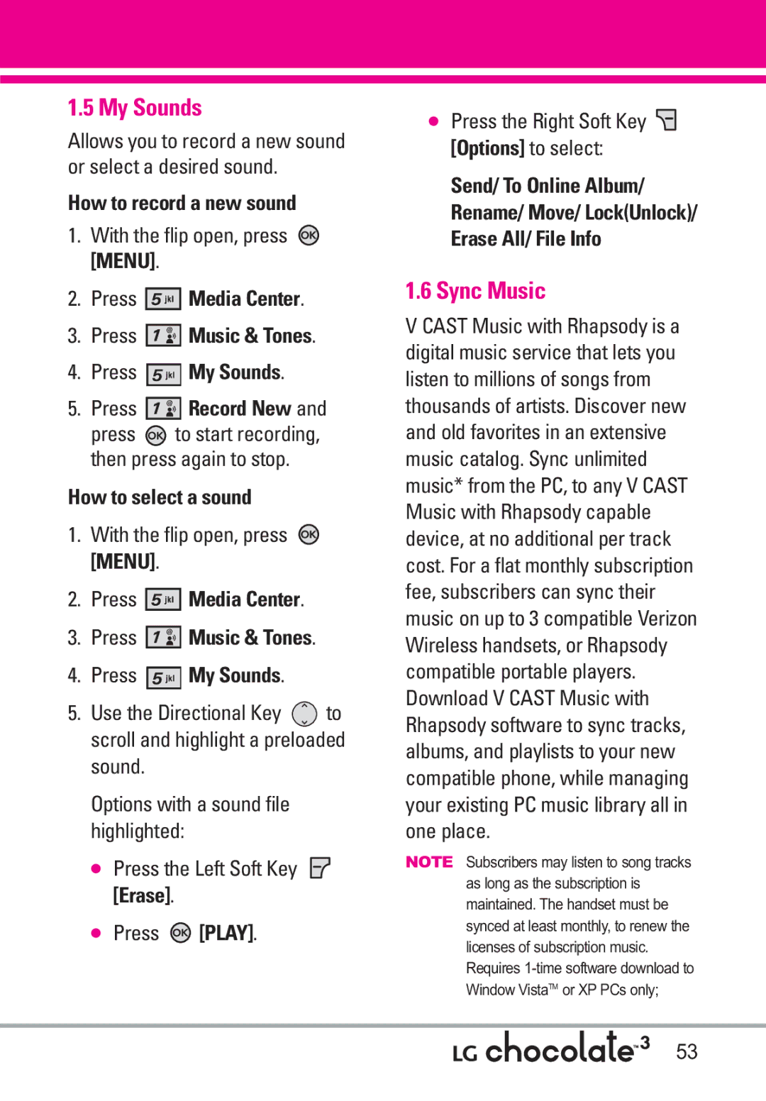 LG Electronics 3 manual Sync Music, How to record a new sound, Press Media Center Press Music & Tones Press My Sounds 
