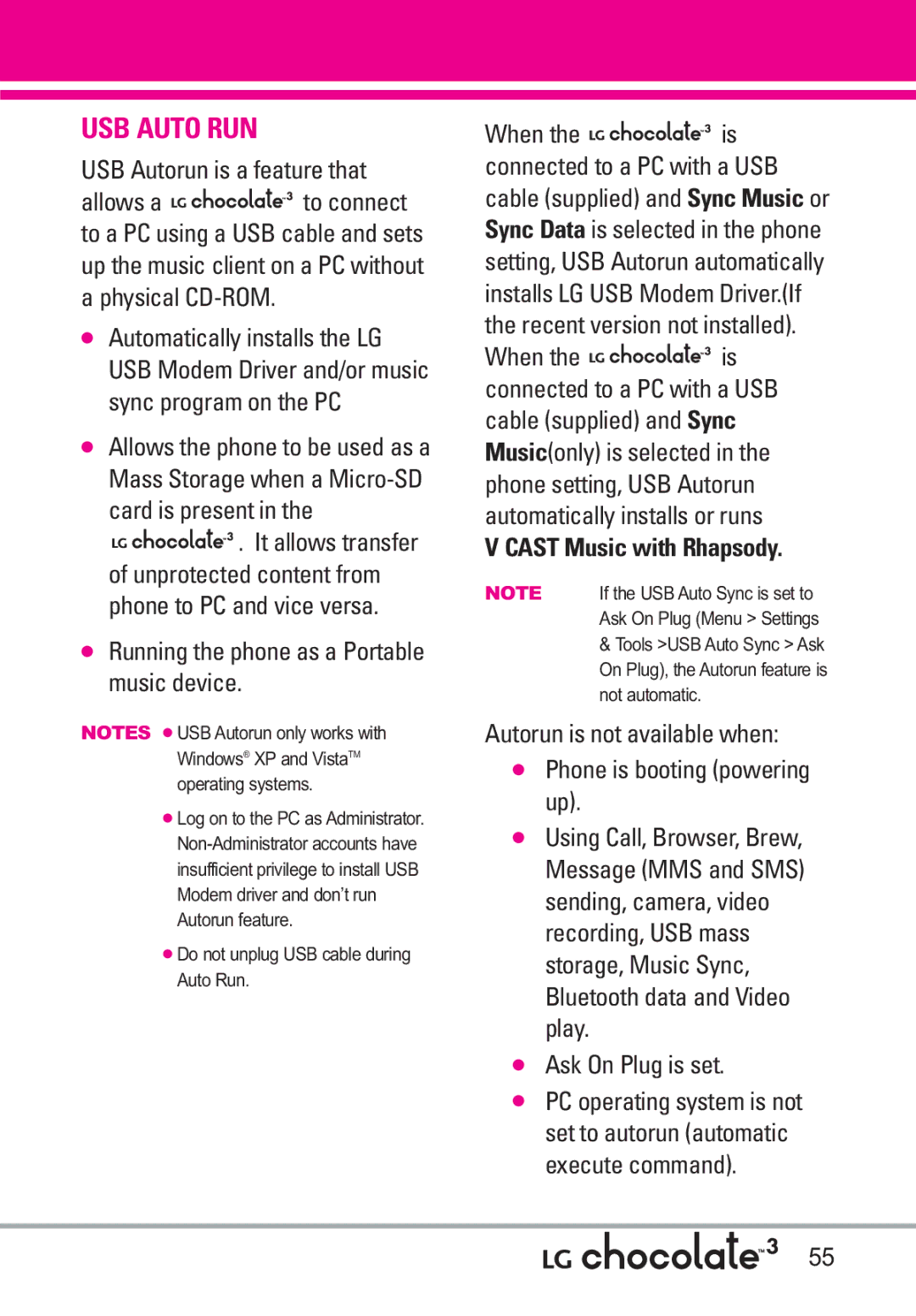 LG Electronics 3 USB Autorun is a feature that, Running the phone as a Portable music device, Cast Music with Rhapsody 