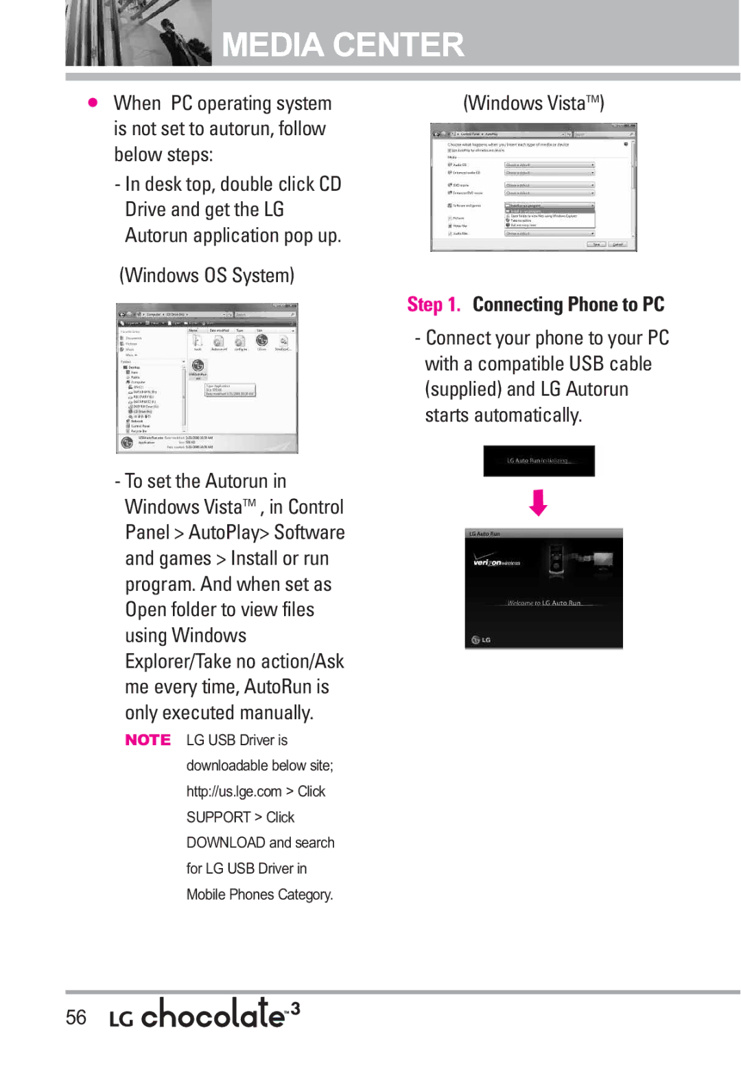 LG Electronics 3 manual Windows OS System, Windows VistaTM, Connecting Phone to PC 