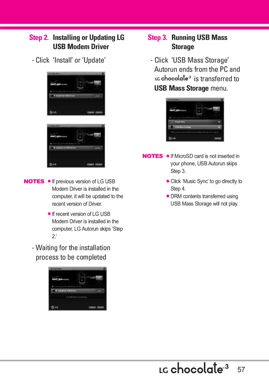 LG Electronics 3 manual USB Modem Driver Storage, Click ‘Install’ or ‘Update’ Click ‘USB Mass Storage’ 