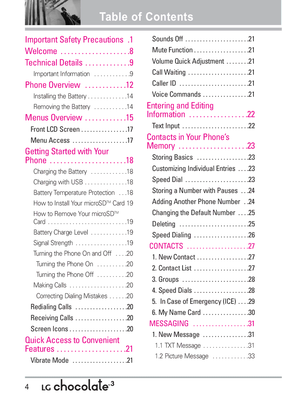 LG Electronics 3 manual Table of Contents 