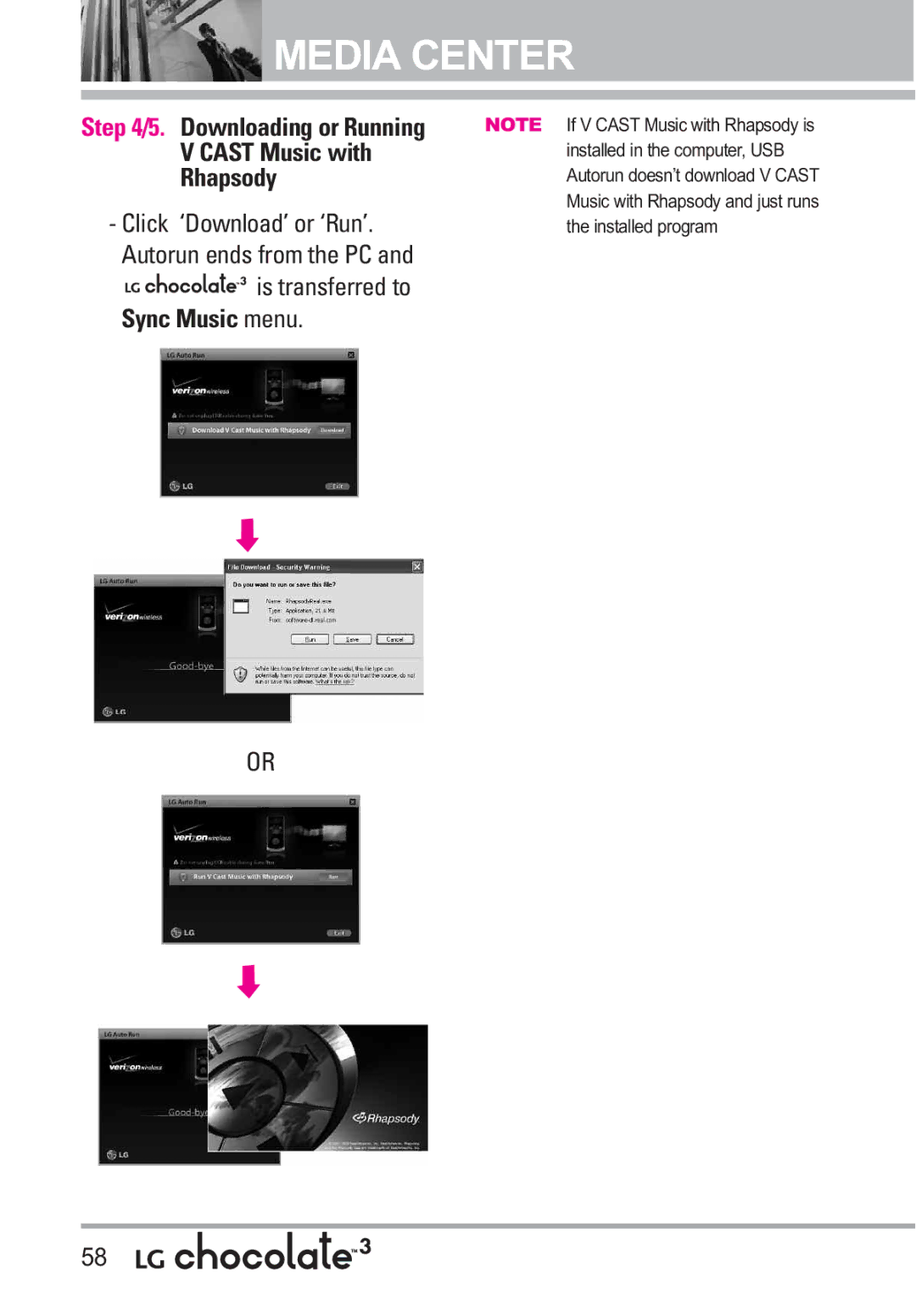 LG Electronics 3 manual Downloading or Running V Cast Music with Rhapsody 