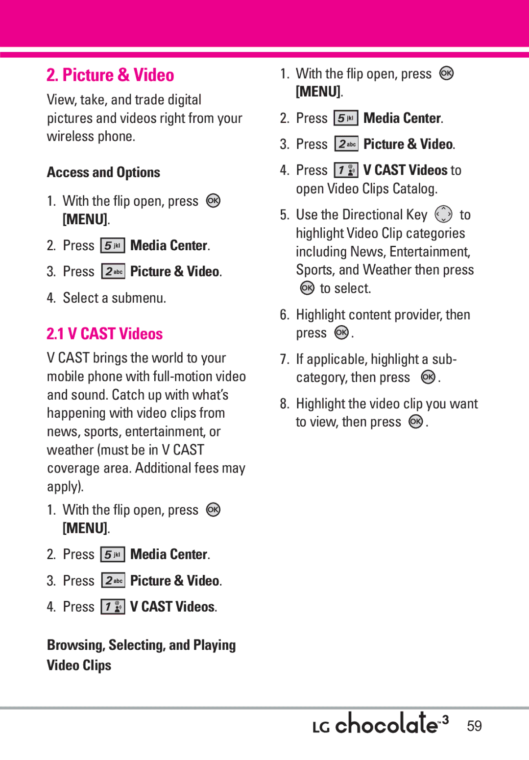 LG Electronics 3 manual Cast Videos, Press Media Center Press Picture & Video, Select a submenu 