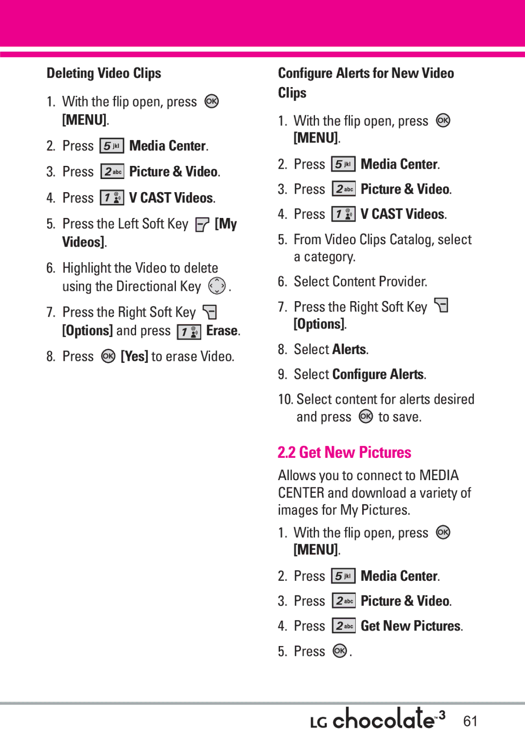 LG Electronics 3 Get New Pictures, Deleting Video Clips, Press Yes to erase Video, Configure Alerts for New Video Clips 