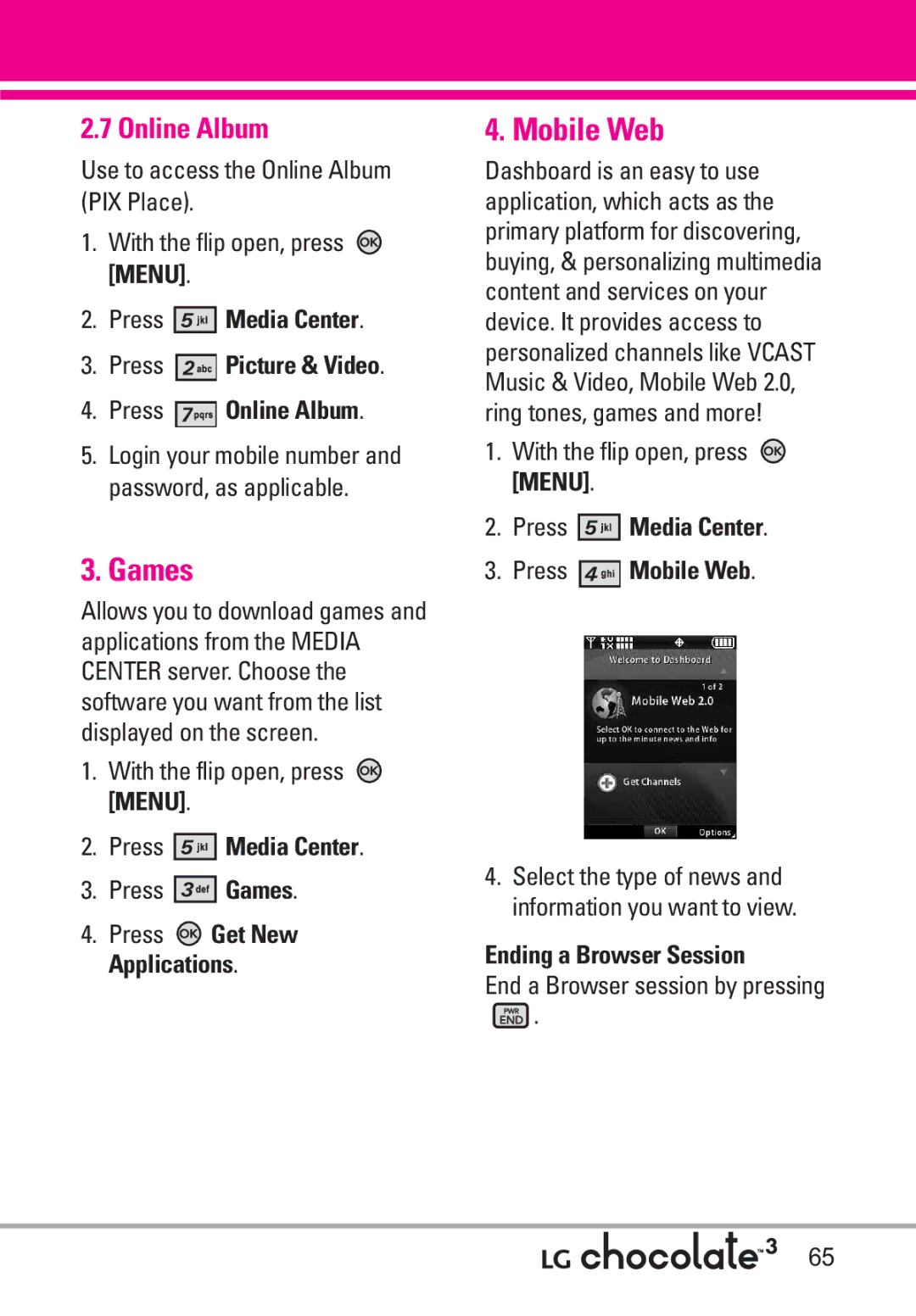 LG Electronics 3 manual Games, Mobile Web, Online Album 