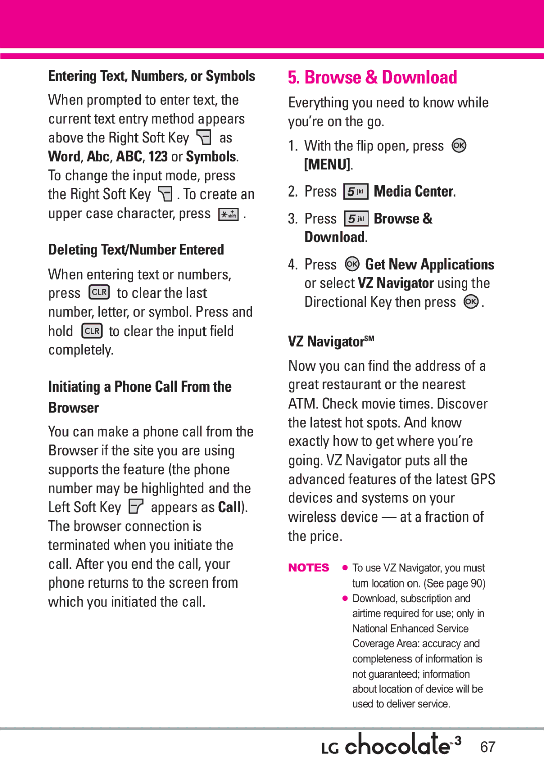 LG Electronics 3 Browse & Download, Deleting Text/Number Entered, Initiating a Phone Call From the Browser, VZ NavigatorSM 
