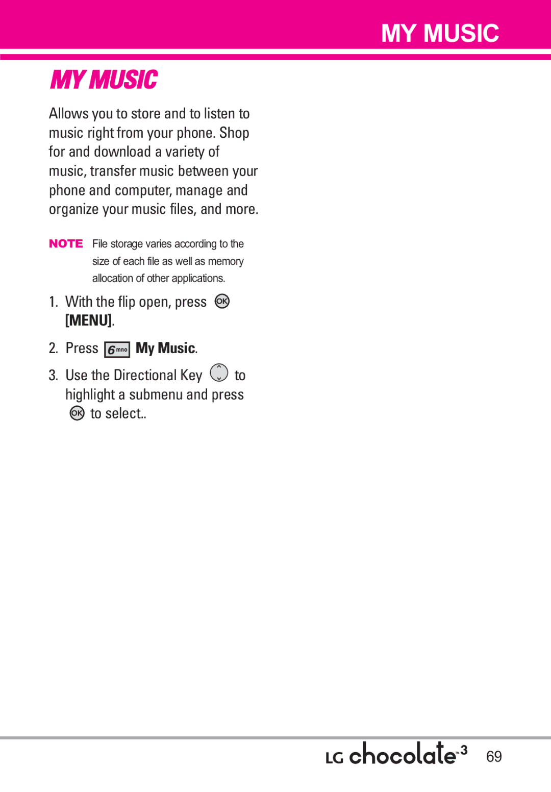 LG Electronics 3 manual MY Music, Press My Music 