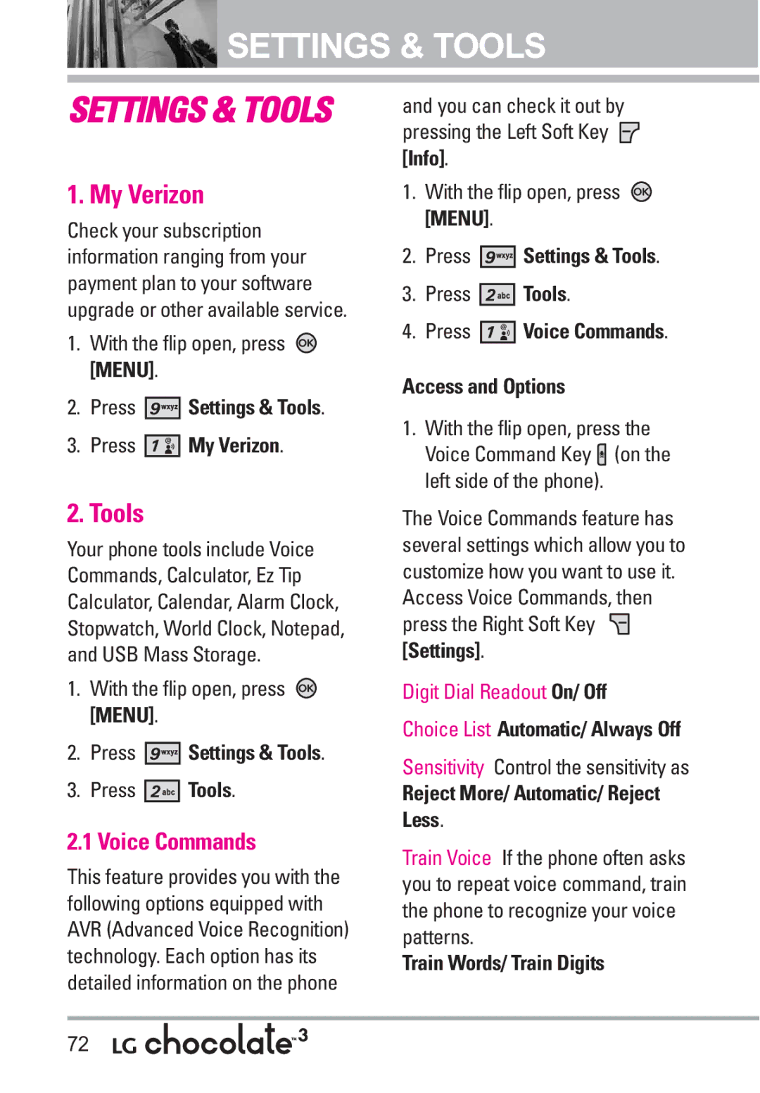 LG Electronics 3 manual Settings & Tools, My Verizon, Voice Commands 