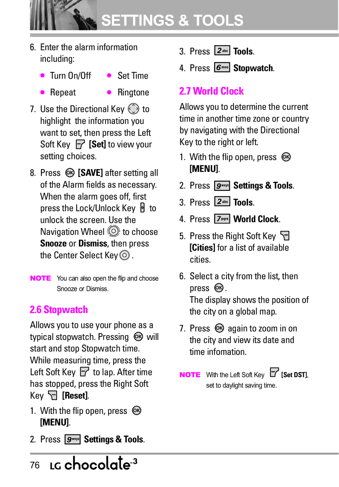 LG Electronics 3 manual Key Reset, Press Stopwatch, Press World Clock 