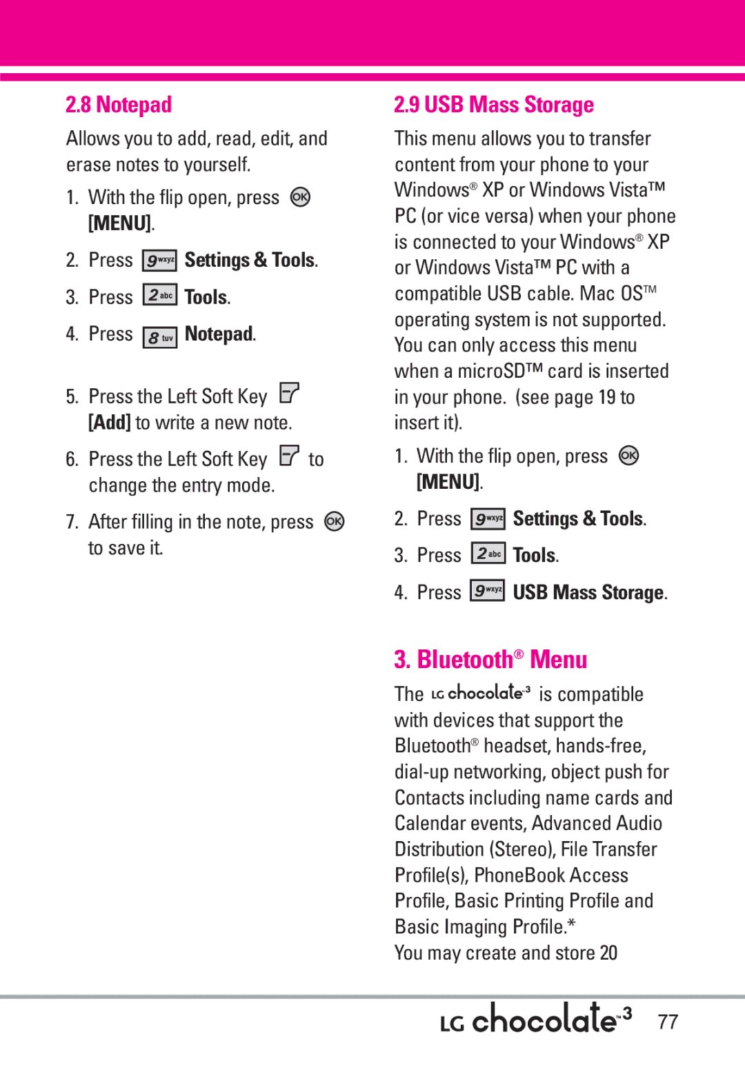 LG Electronics 3 manual Bluetooth Menu, USB Mass Storage, Press Notepad, After filling in the note, press to save it 